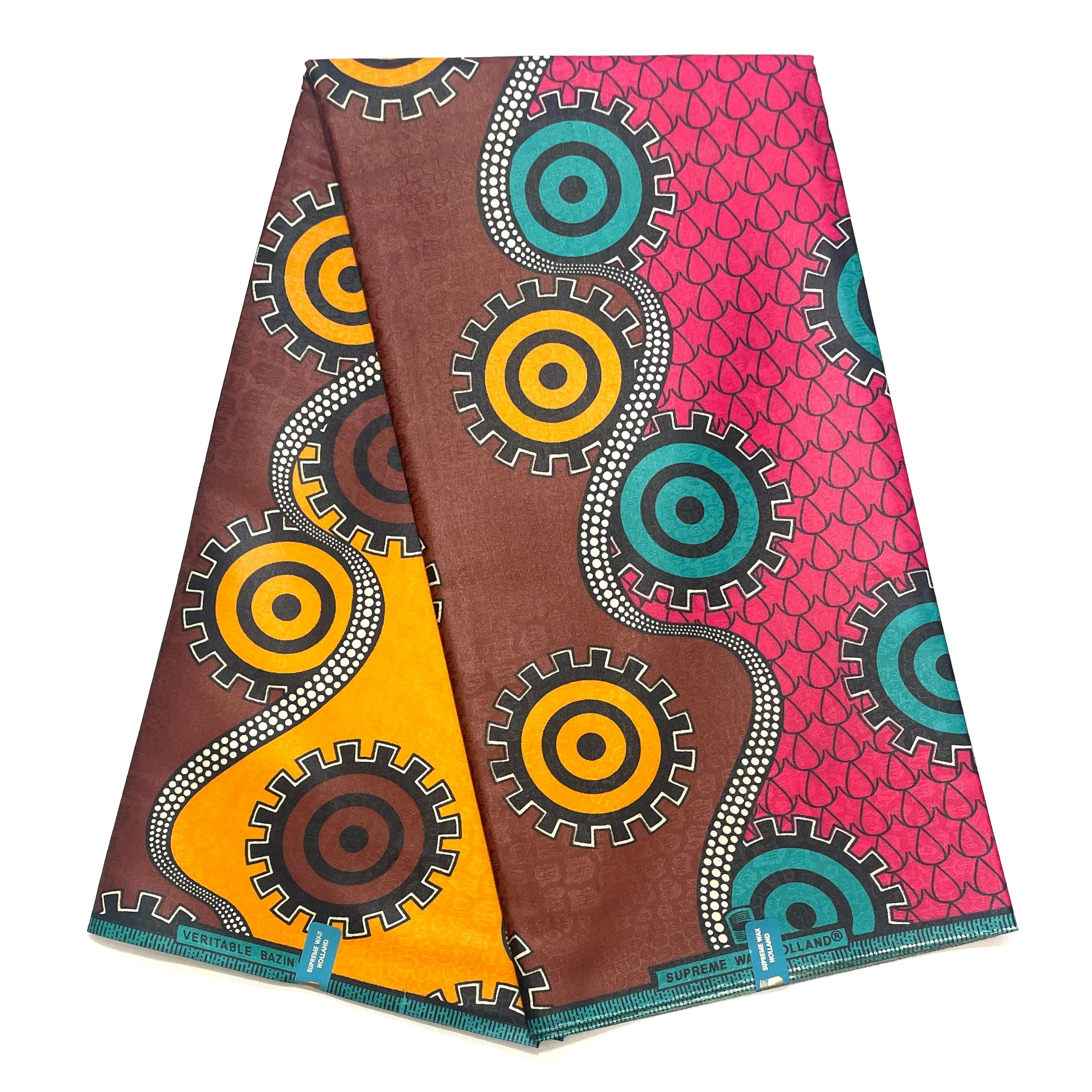 Supreme Bazin Wax Pagne Africain - Tissu 6 Yards Coton - MARRON / ROSE / ORANGE