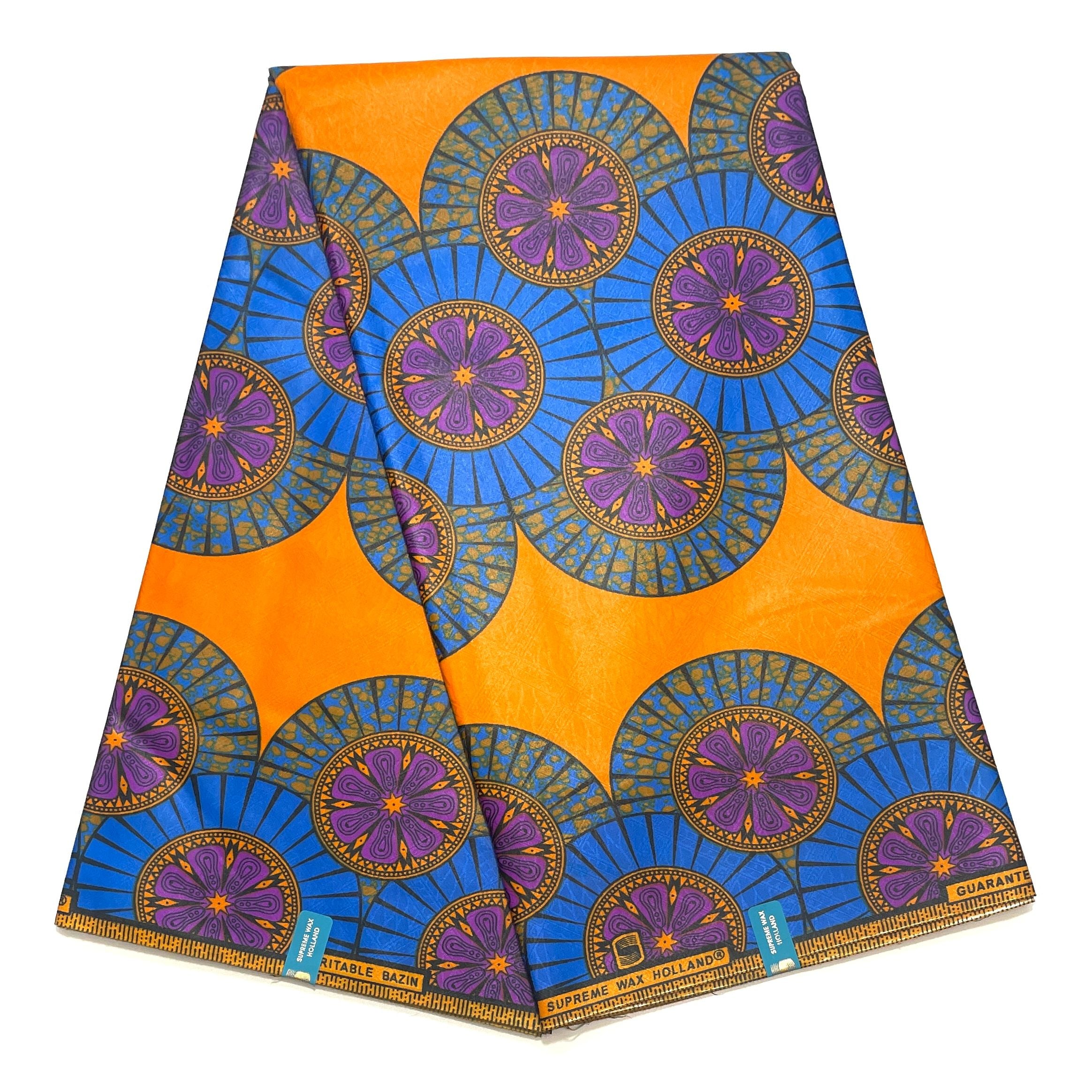Supreme Bazin Wax Pagne Africain - Tissu 6 Yards Coton - BLEU / ORANGE