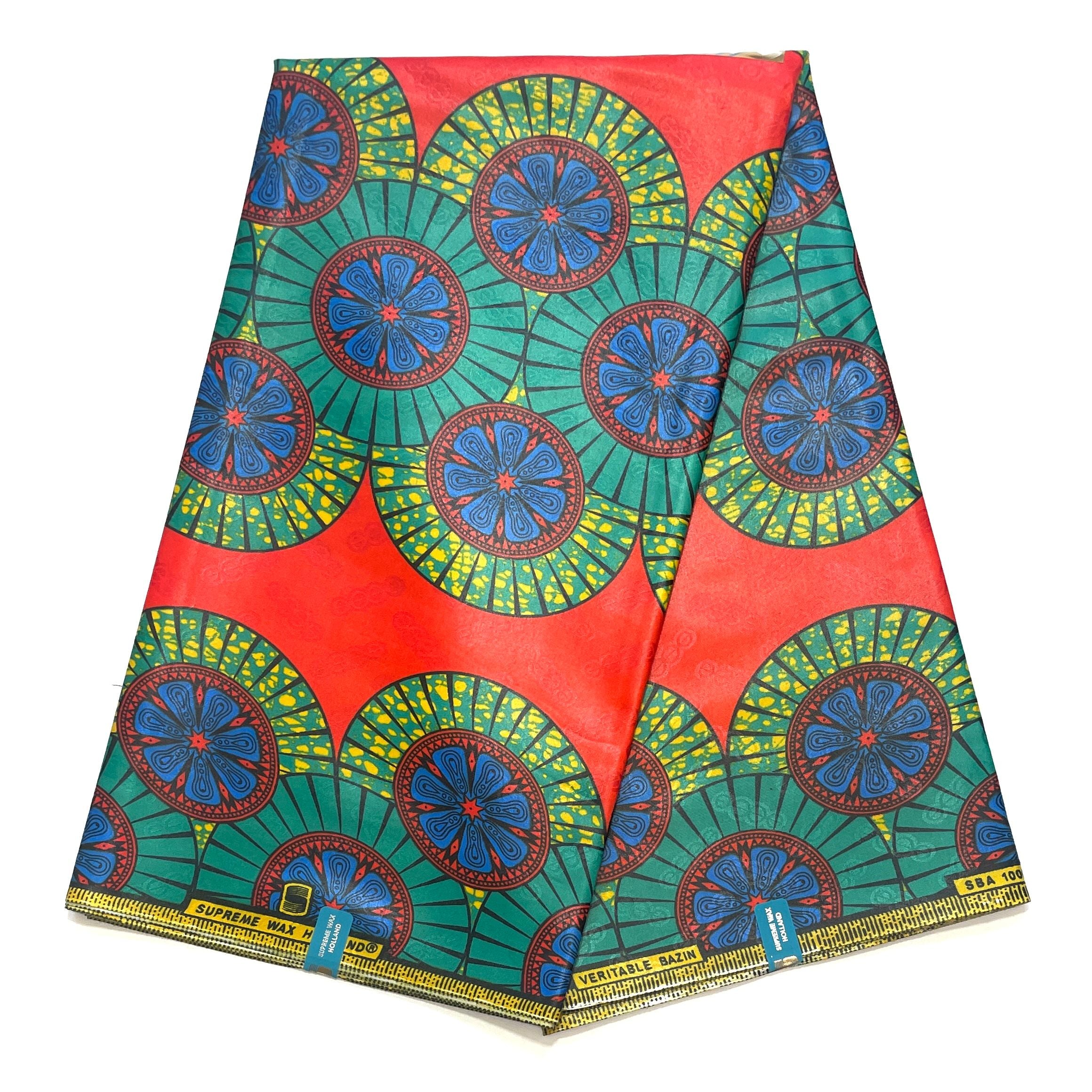 Supreme Bazin Wax Pagne Africain - Tissu 6 Yards Coton - ORANGE / VERT