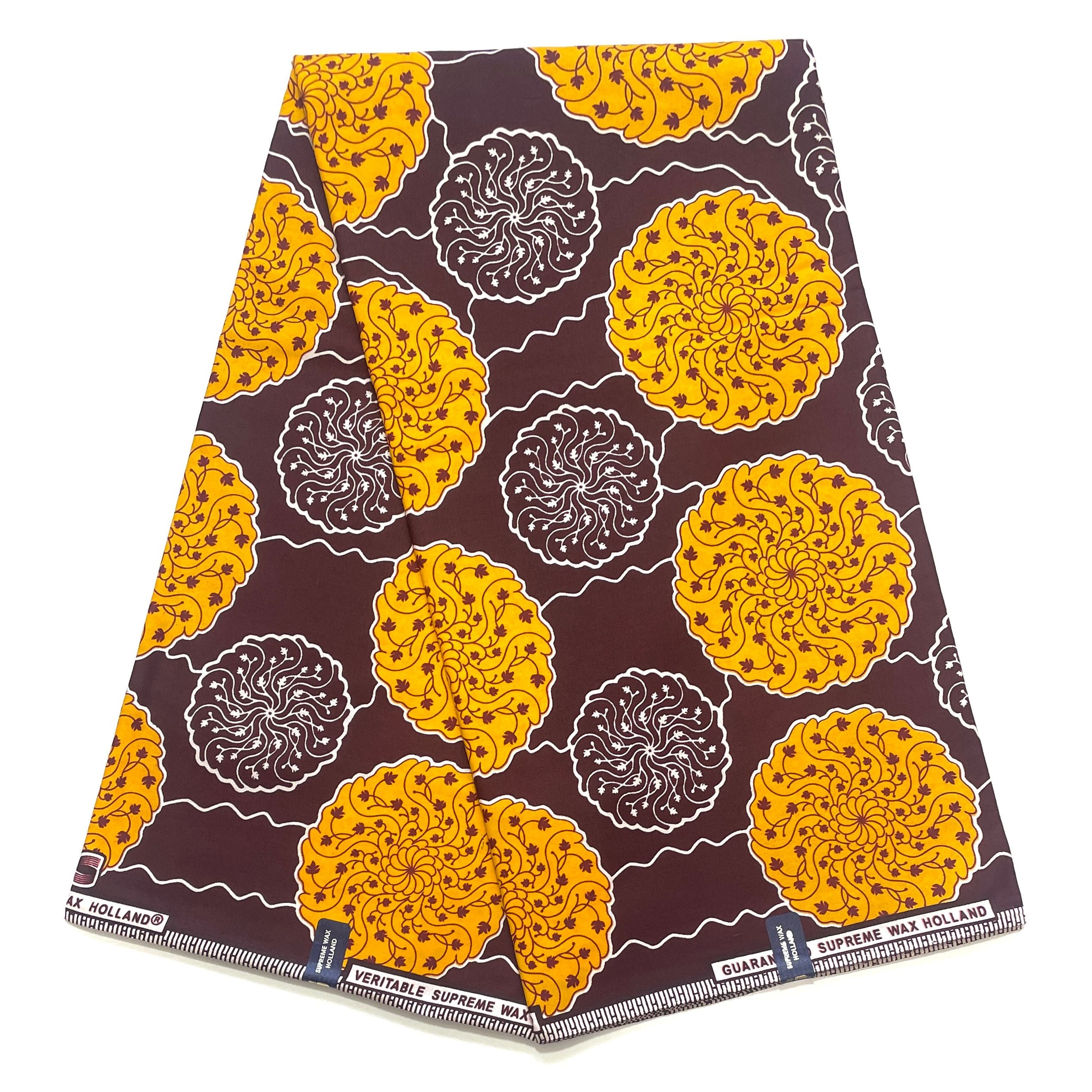 Tissu Pagne Africain - 6 Yards 100% Coton - SUPREME WAX - MARRON / JAUNE