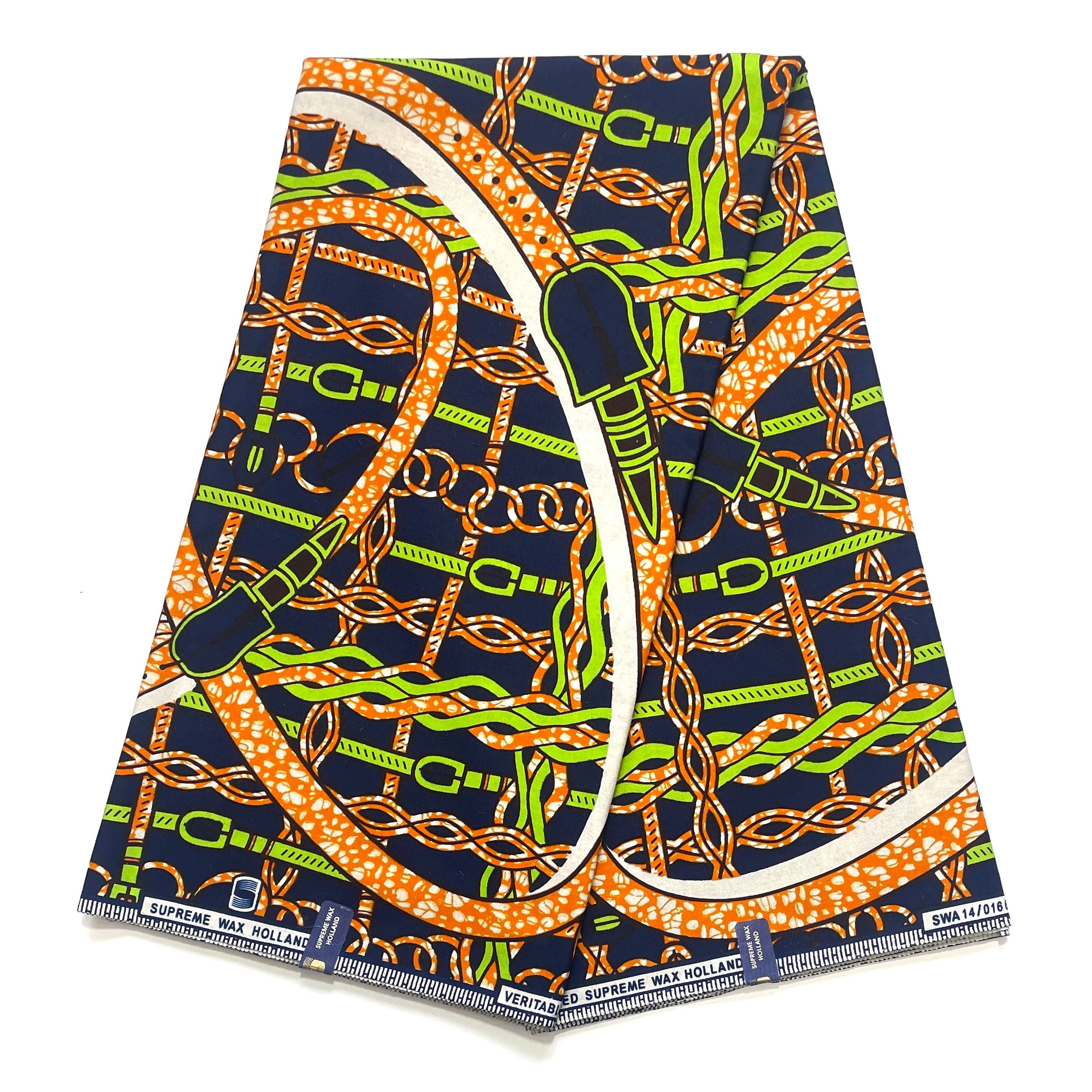 Tissu Pagne Africain - 6 Yards 100% Coton - SUPREME WAX - VERT / BLEU / ORANGE