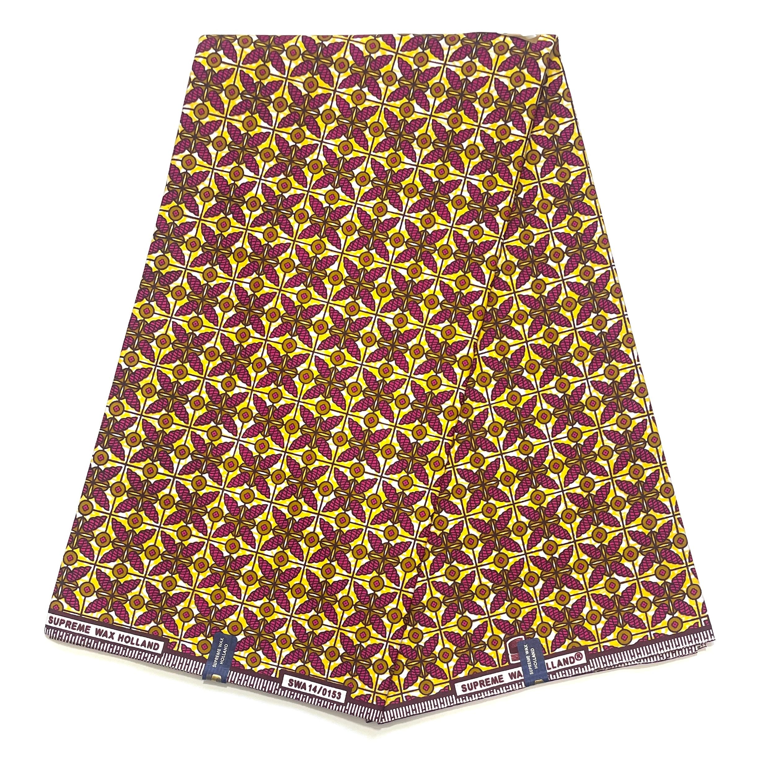 Tissu Pagne Africain - 6 Yards 100% Coton - SUPREME WAX - ROSE / JAUNE