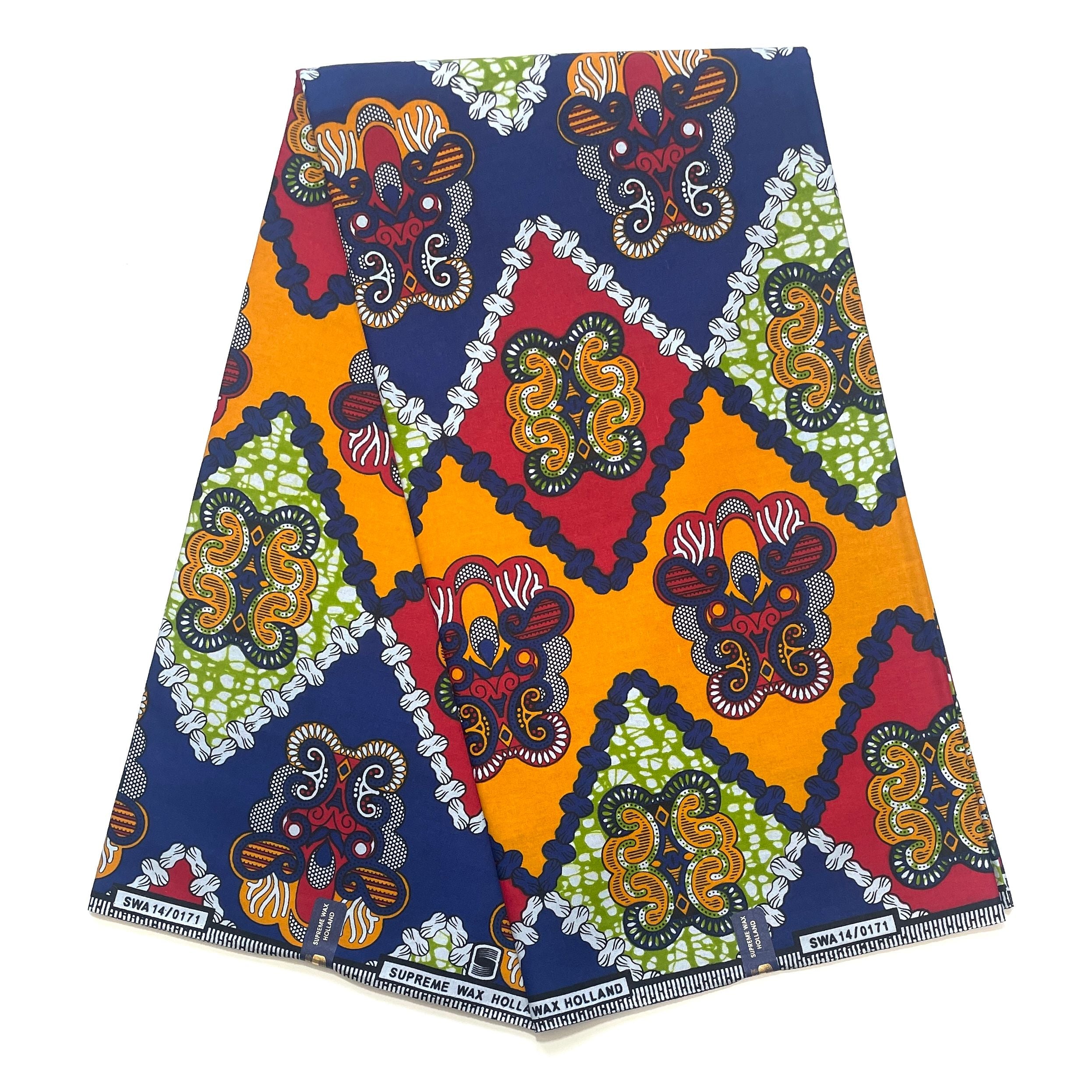 Tissu Pagne Africain - 6 Yards 100% Coton - SUPREME WAX - BLEU / ROUGE / ORANGE