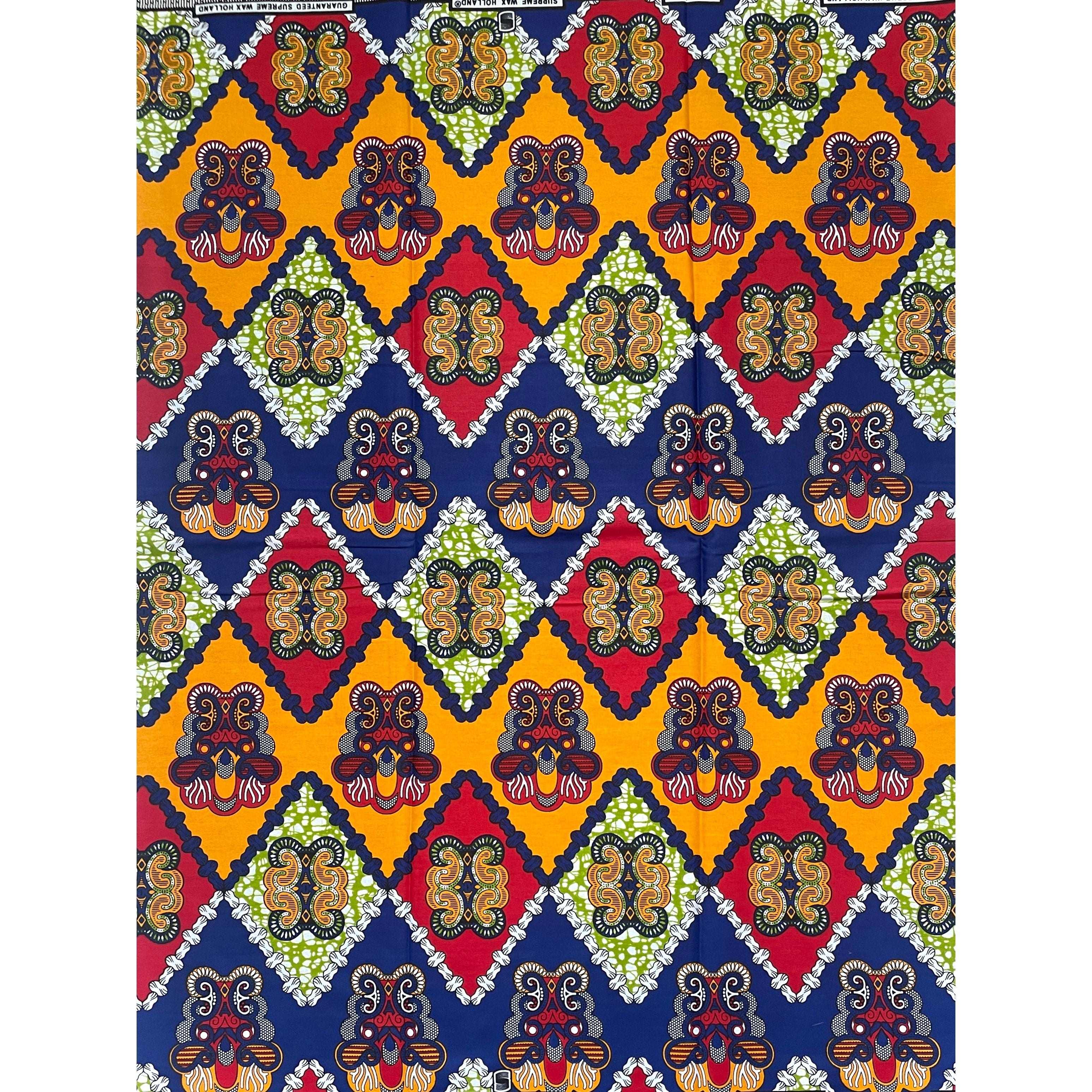 Tissu Pagne Africain - 6 Yards 100% Coton - SUPREME WAX - BLEU / ROUGE / ORANGE