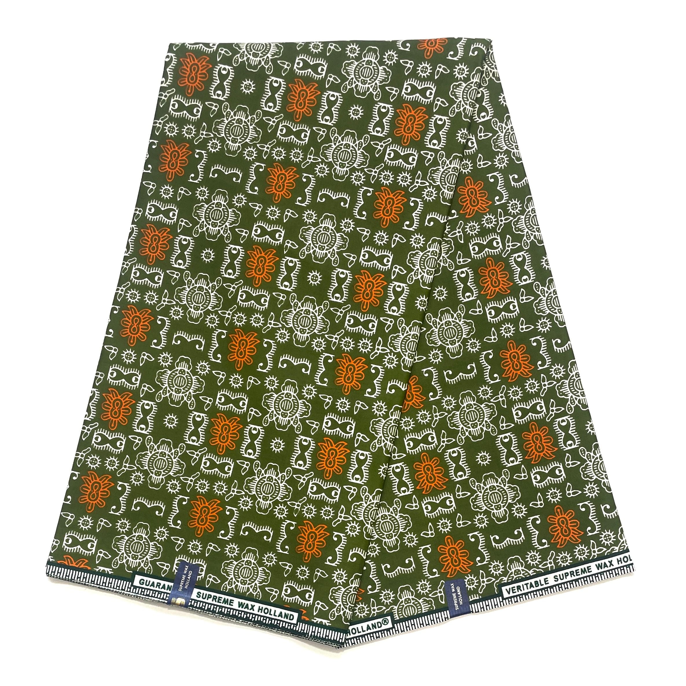 Tissu Pagne Africain - 6 Yards 100% Coton - SUPREME WAX - VERT / ORANGE