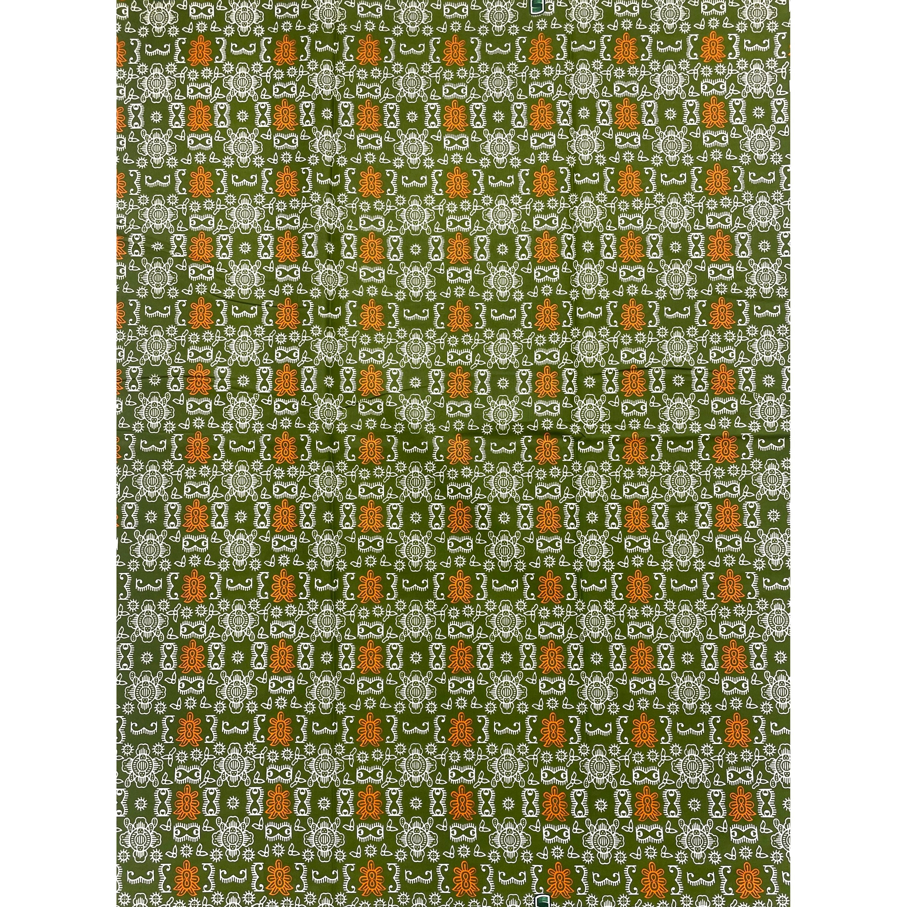 Tissu Pagne Africain - 6 Yards 100% Coton - SUPREME WAX - VERT / ORANGE