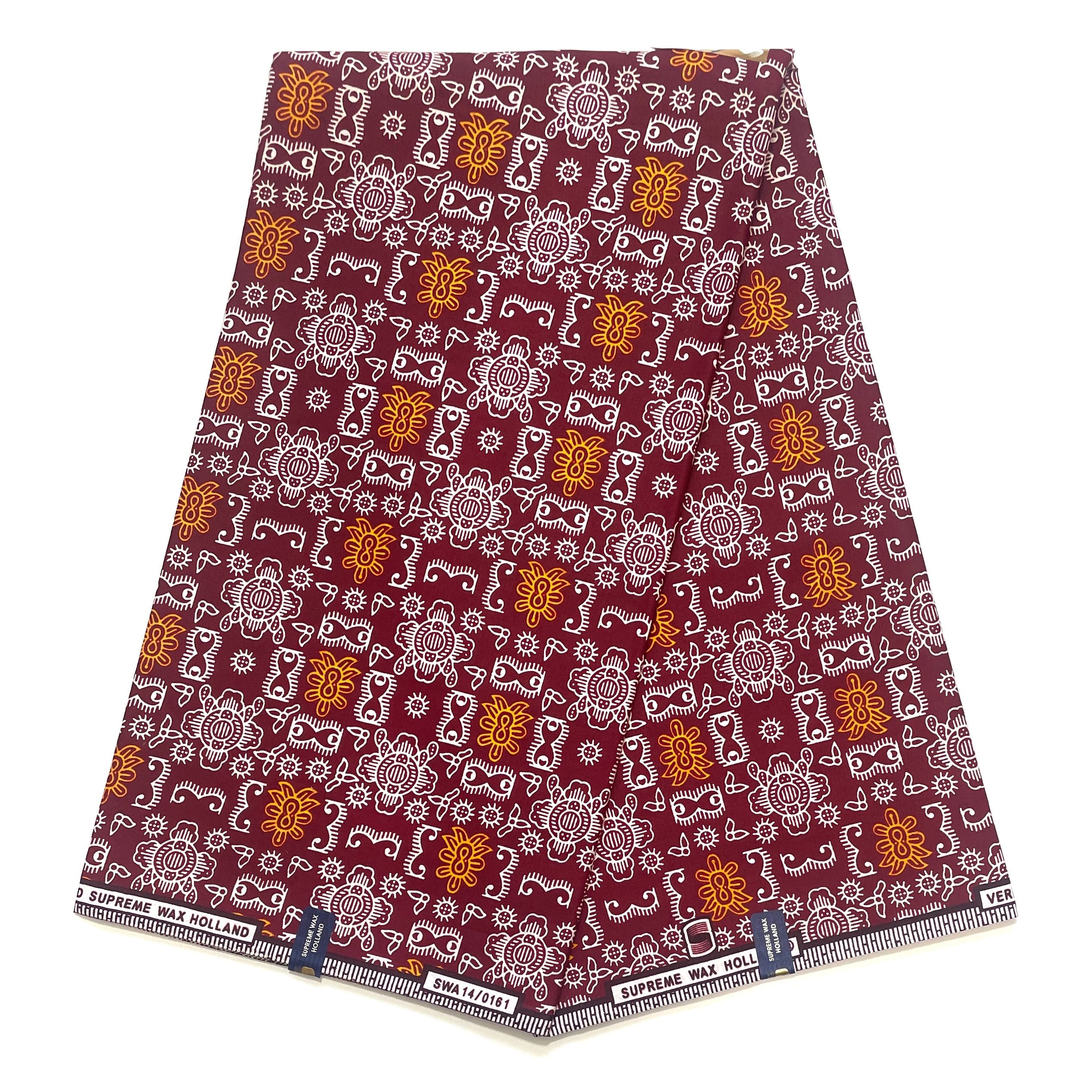 Tissu Pagne Africain - 6 Yards 100% Coton - SUPREME WAX - ROUGE BORDEAUX / ORANGE