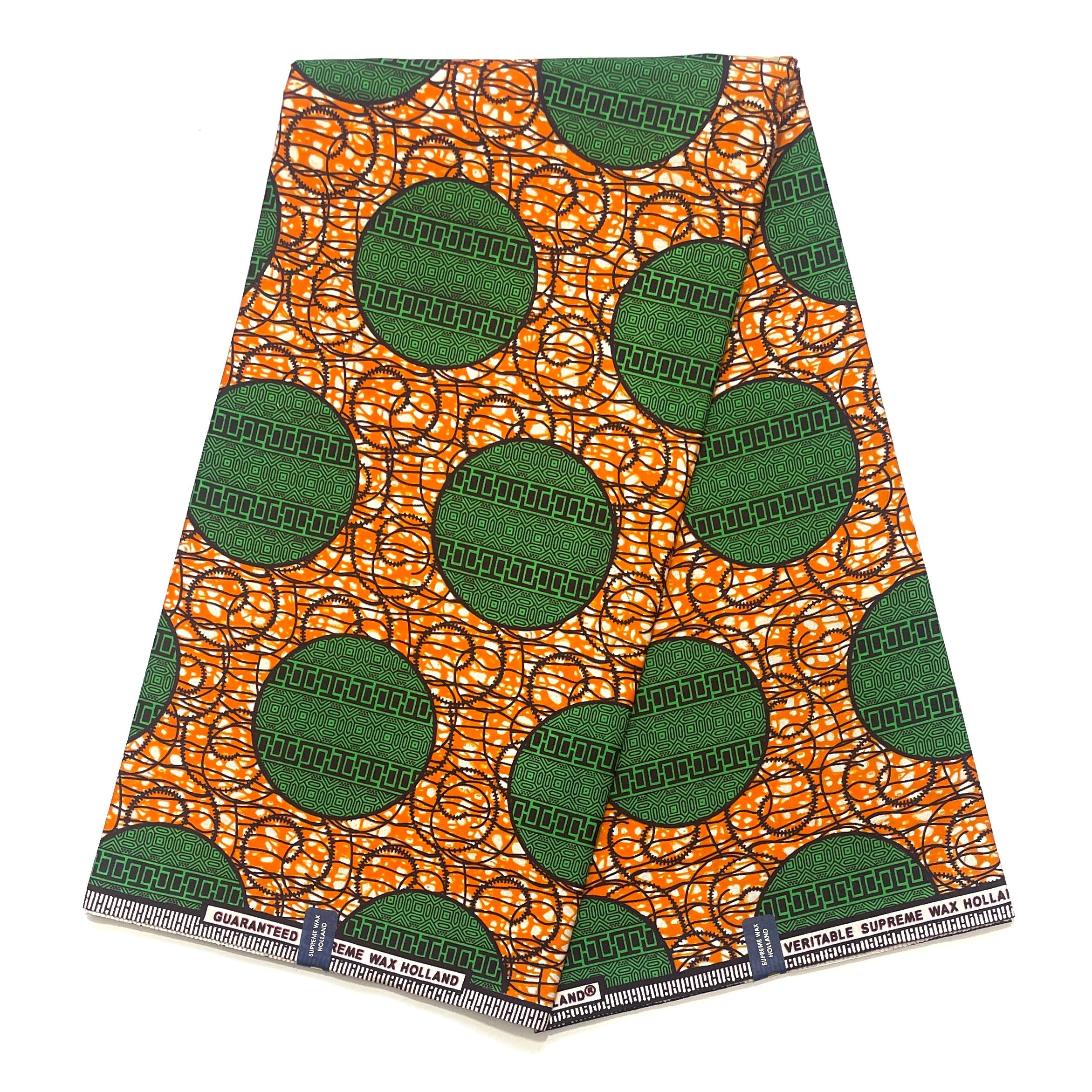 Tissu Pagne Africain - 6 Yards 100% Coton - SUPREME WAX - VERT / ORANGE