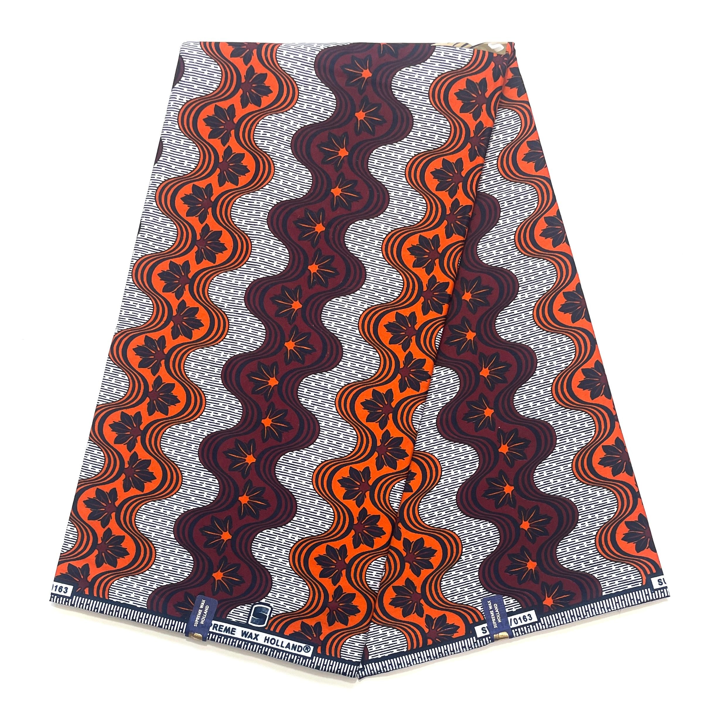 Tissu Pagne Africain - 6 Yards 100% Coton - SUPREME WAX - ROUGE BORDEAUX / ORANGE
