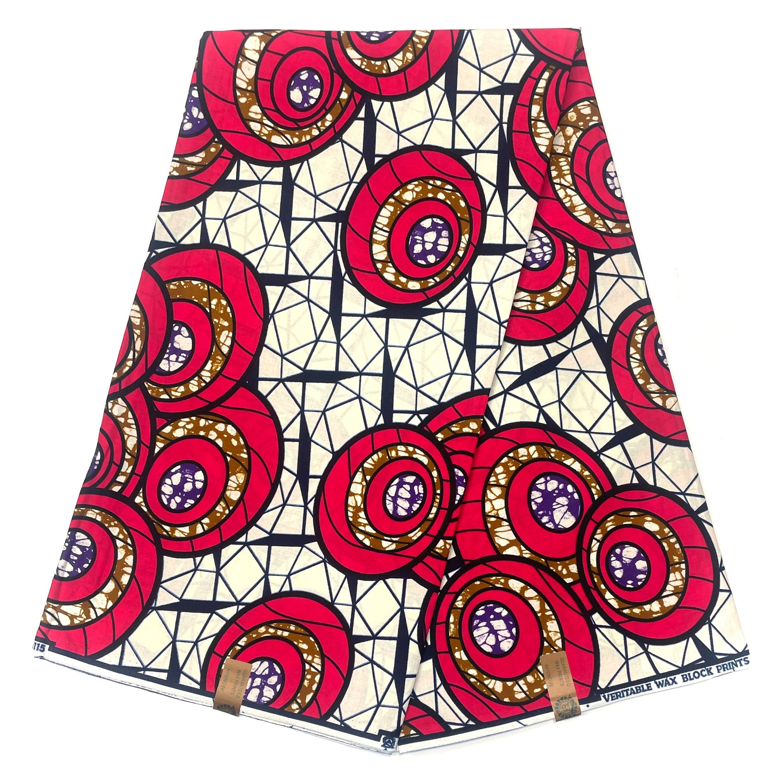 Wax Pagne Africain - Tissu 6 Yards 100% Coton - ROSE FUCHSIA / BLANC CASSÉ