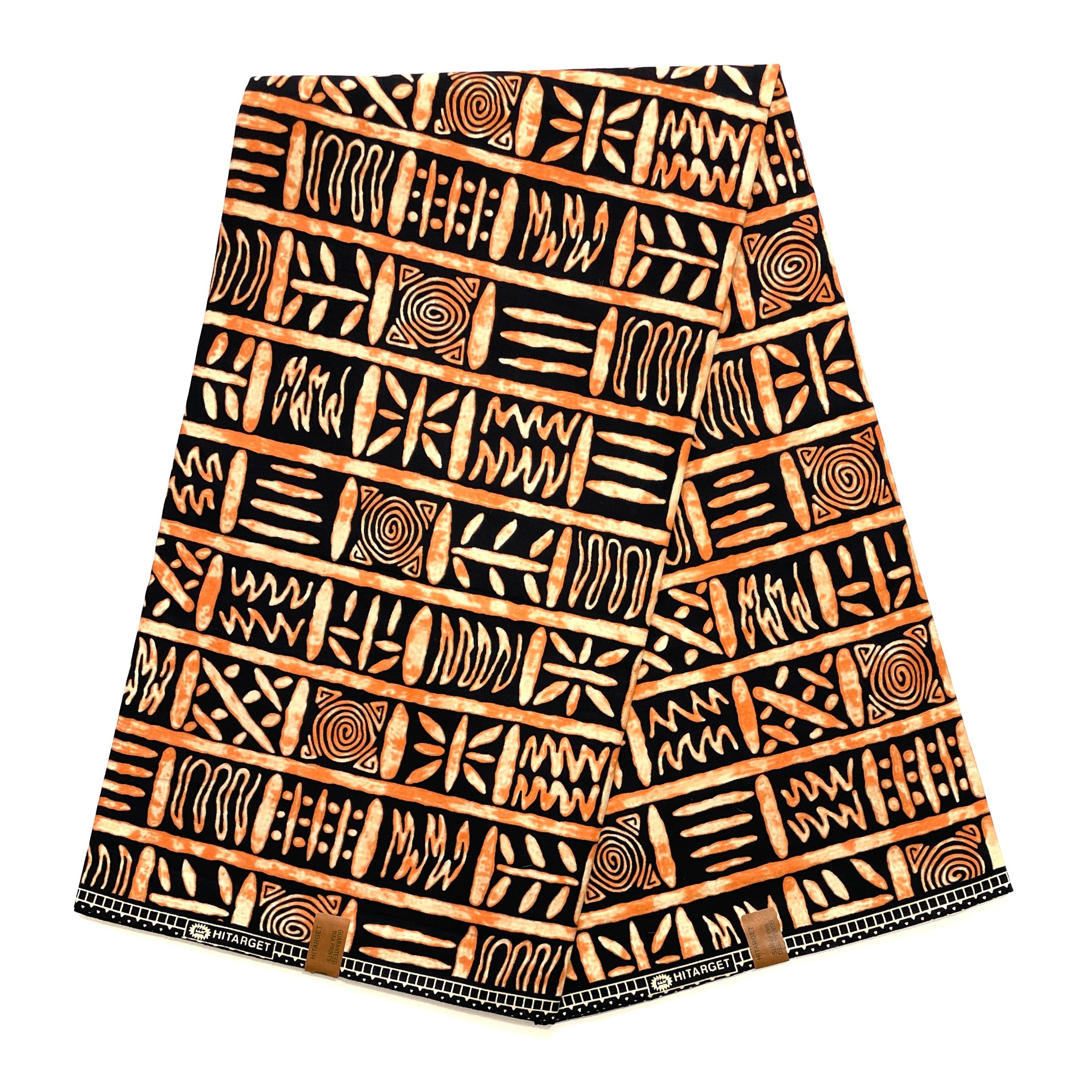 Wax Pagne Africain - Tissu 6 Yards 100% Coton - BOGOLAN Mémoire d’Afrique - ORANGE / NOIR