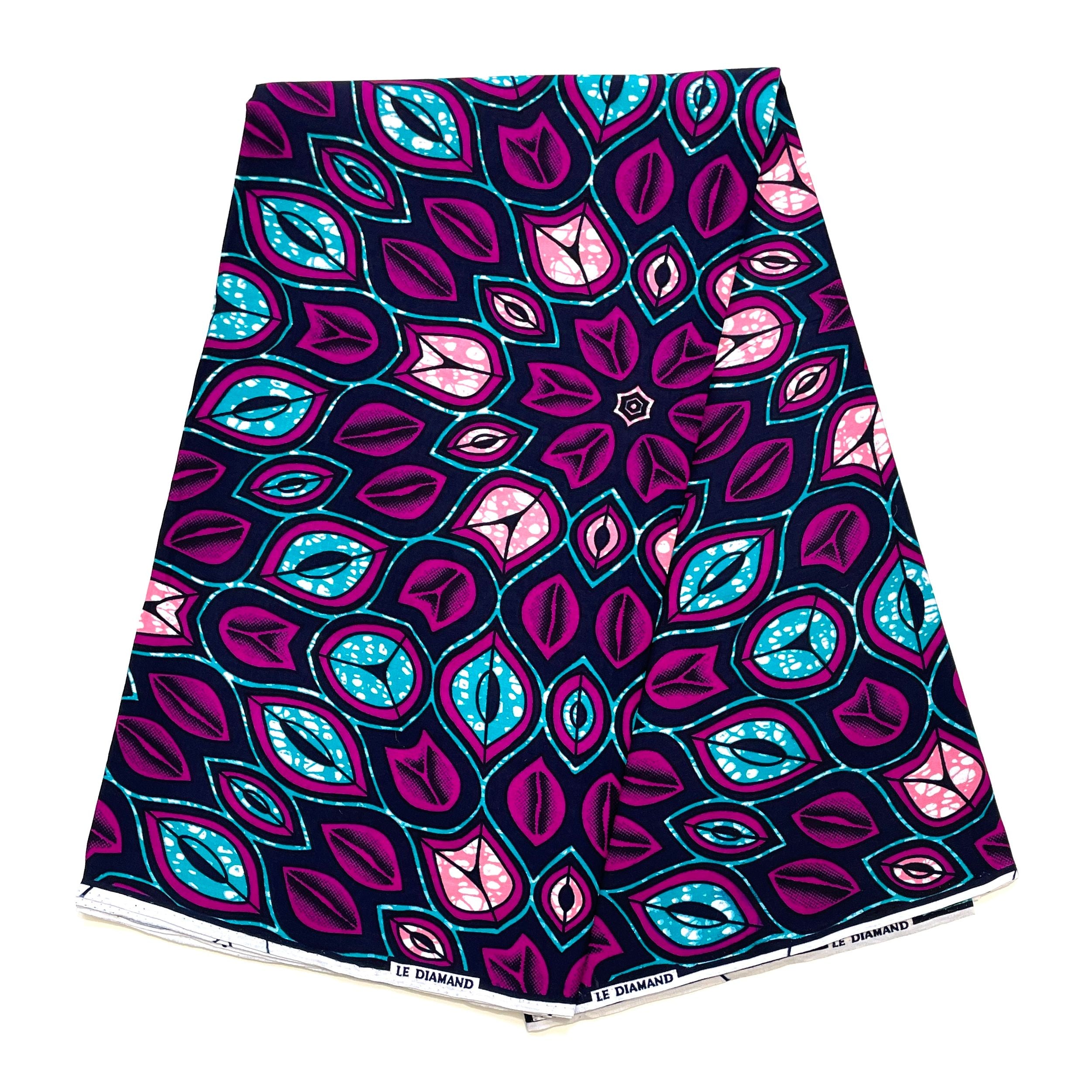 Wax Pagne Africain - Tissu 6 Yards 100% Coton - Mosaïque de Pétales VIOLET / BLEU