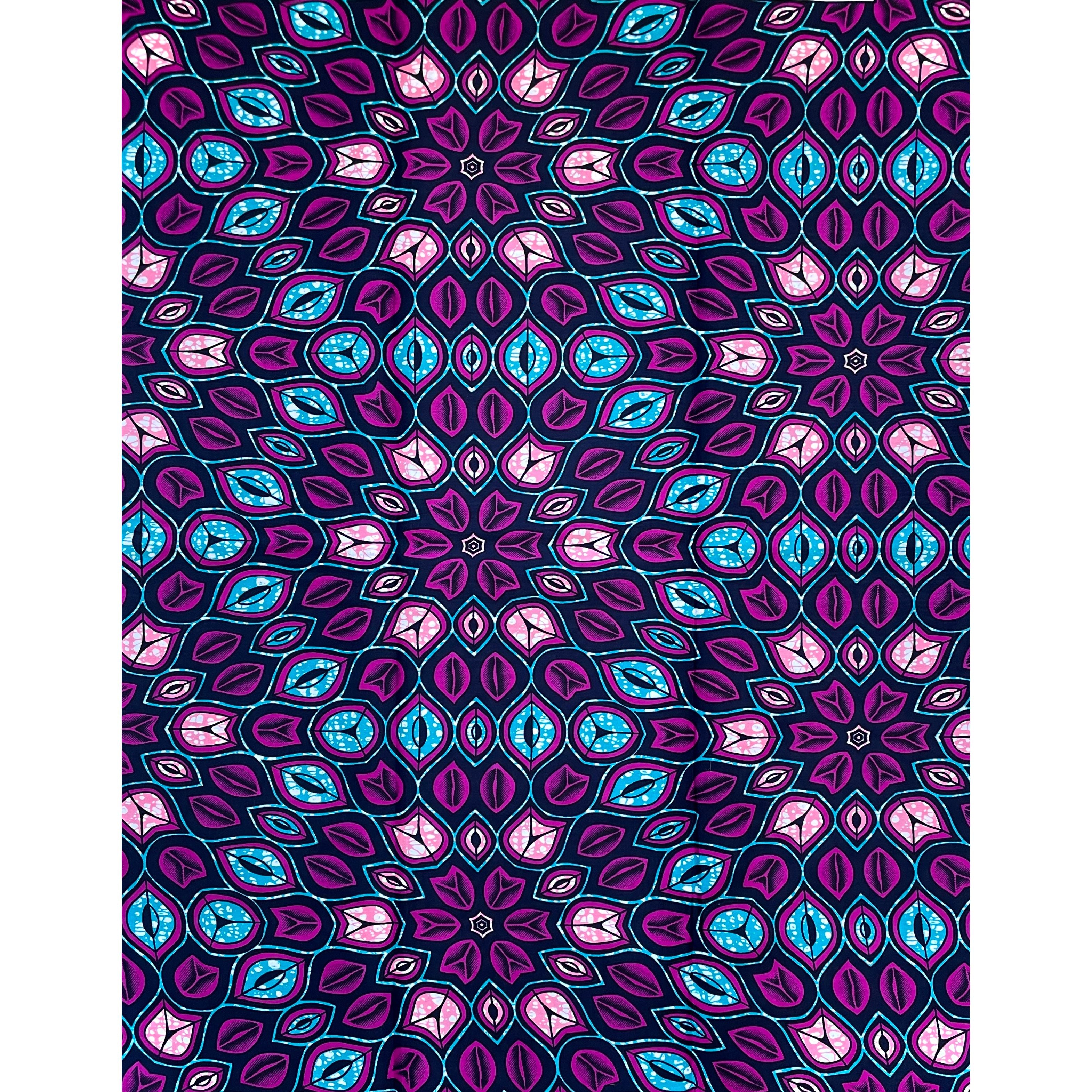 Wax Pagne Africain - Tissu 6 Yards 100% Coton - Mosaïque de Pétales VIOLET / BLEU