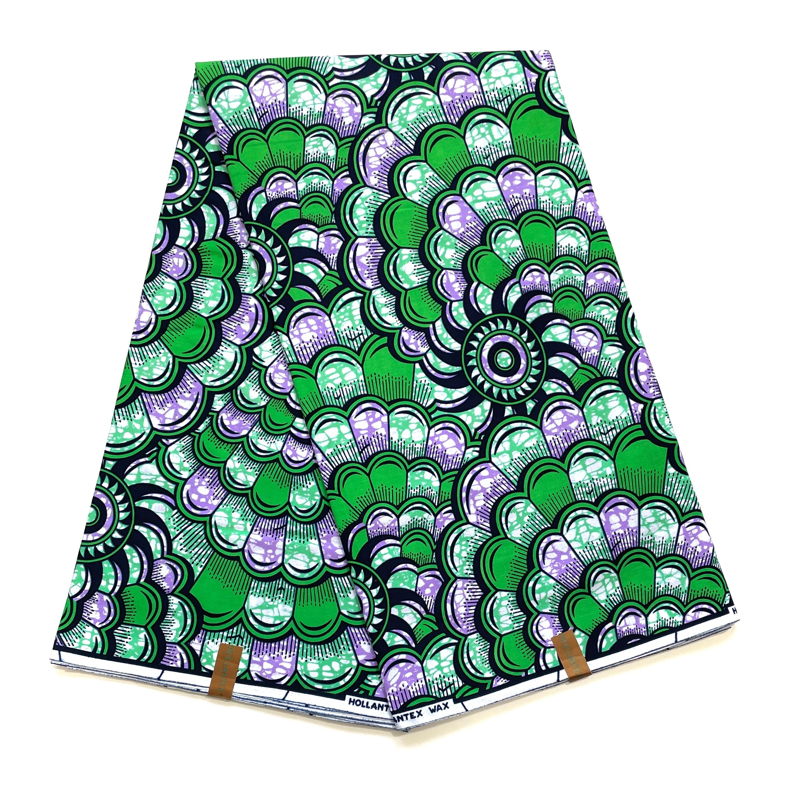 Wax Pagne Africain - Tissu 6 Yards 100% Coton - Rosaces d’Émeraude VERT / LILAS