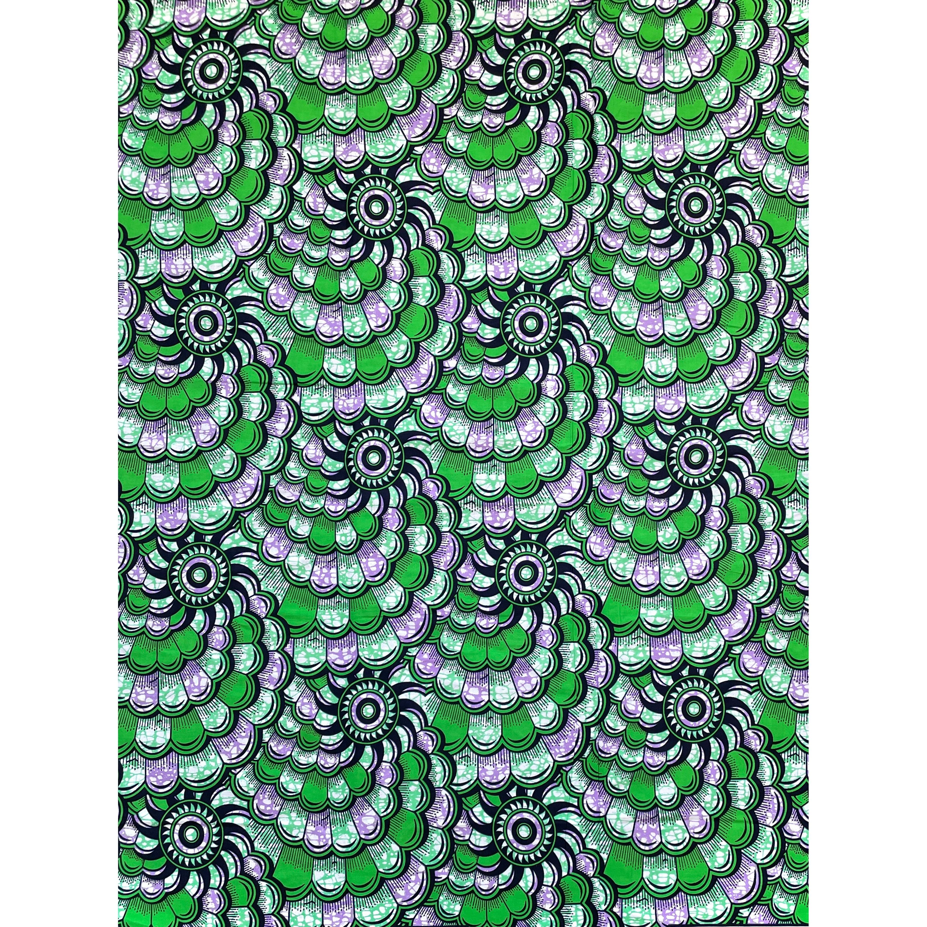 Wax Pagne Africain - Tissu 6 Yards 100% Coton - Rosaces d’Émeraude VERT / LILAS