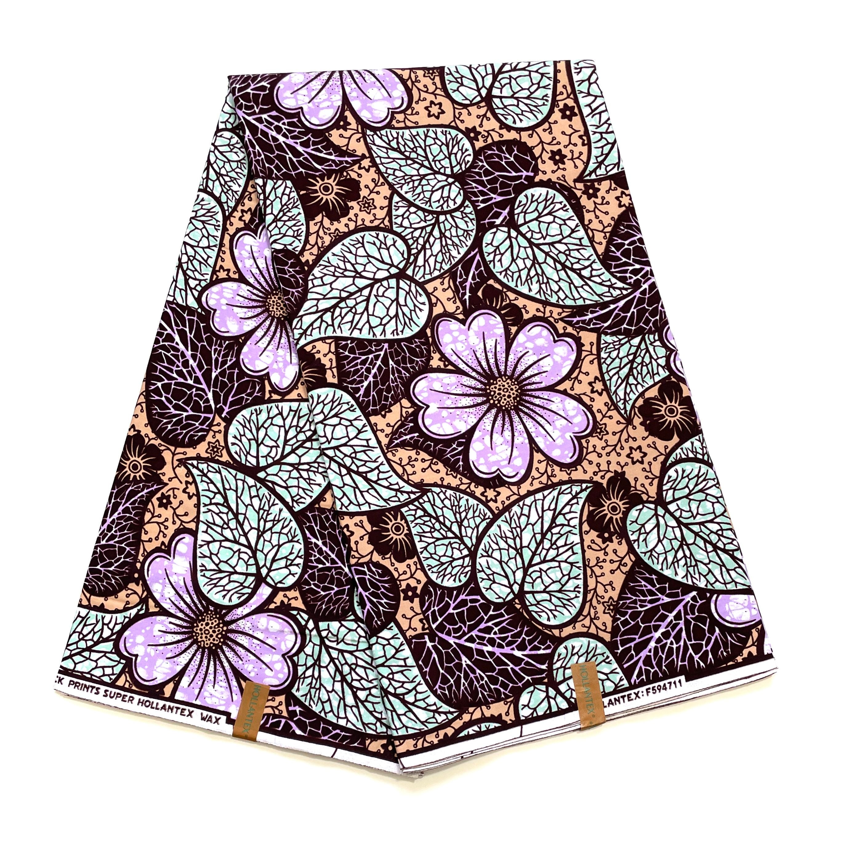 Wax Pagne Africain - Tissu 6 Yards 100% Coton - Rosée de Printemps VERT / LAVANDE / MARRON