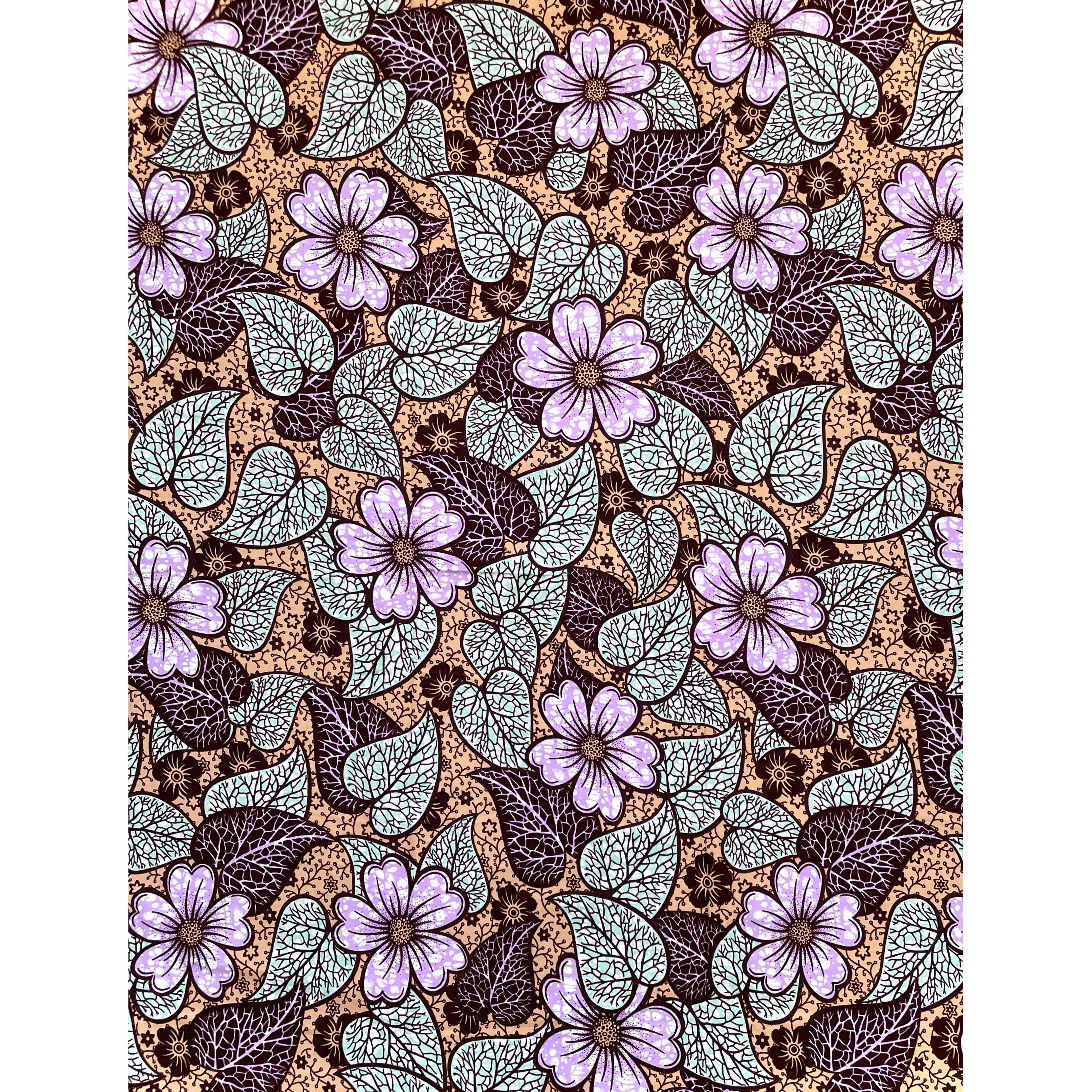 Wax Pagne Africain - Tissu 6 Yards 100% Coton - Rosée de Printemps VERT / LAVANDE / MARRON