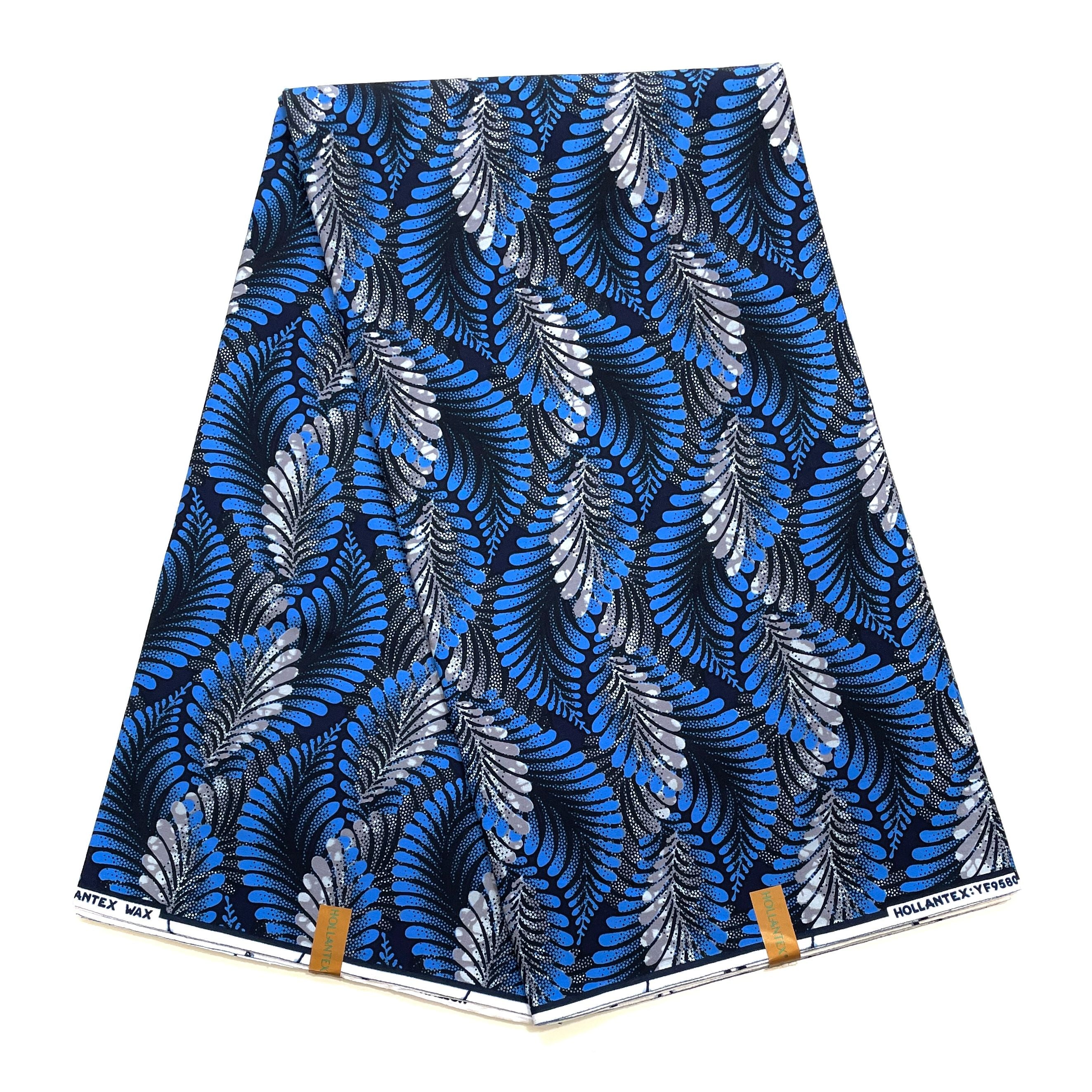 Wax Pagne Africain - Tissu 6 Yards 100% Coton - Plumes d’Azur BLEU / GRIS