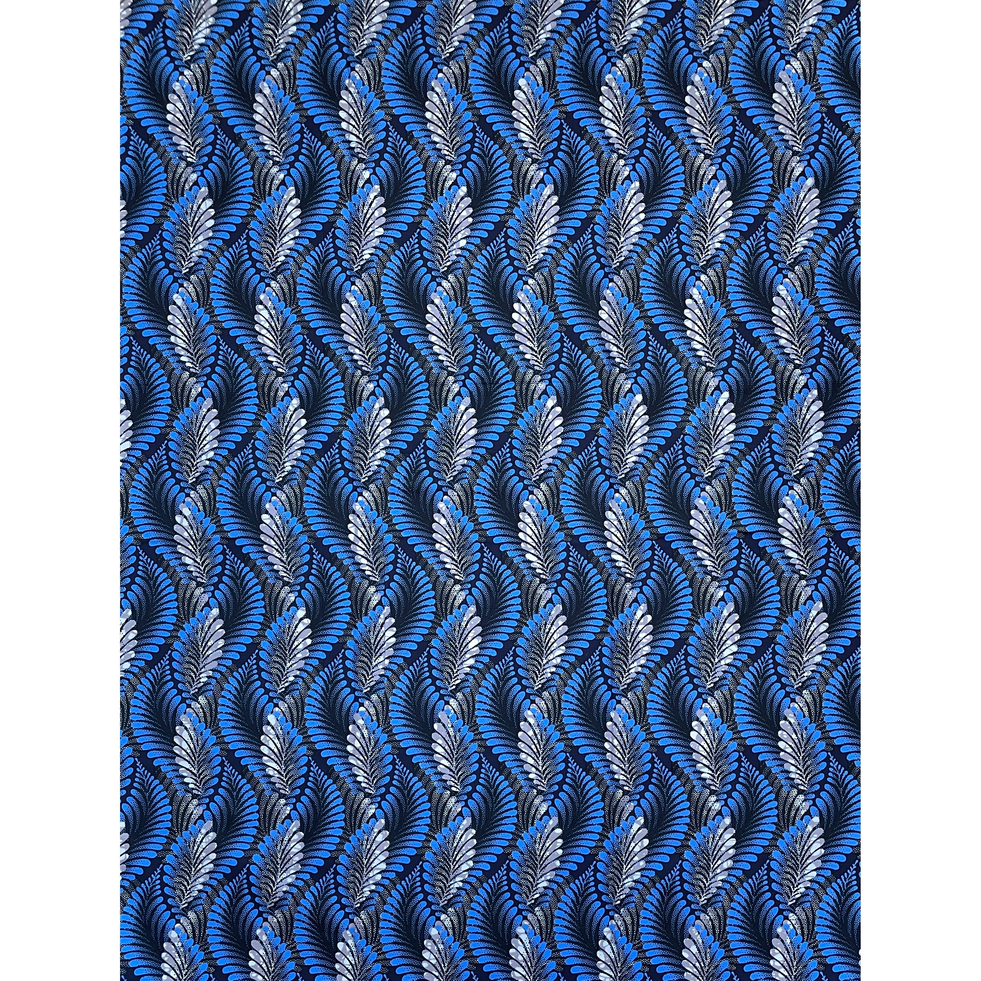 Wax Pagne Africain - Tissu 6 Yards 100% Coton - Plumes d’Azur BLEU / GRIS