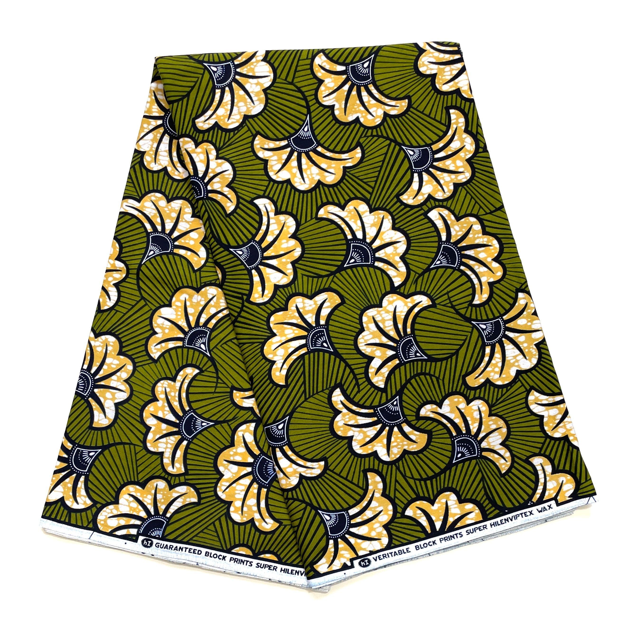 Wax Pagne Africain - Tissu 6 Yards 100% Coton - Fleurs de Mariage - VERT OLIVE / JAUNE MOUTARDE