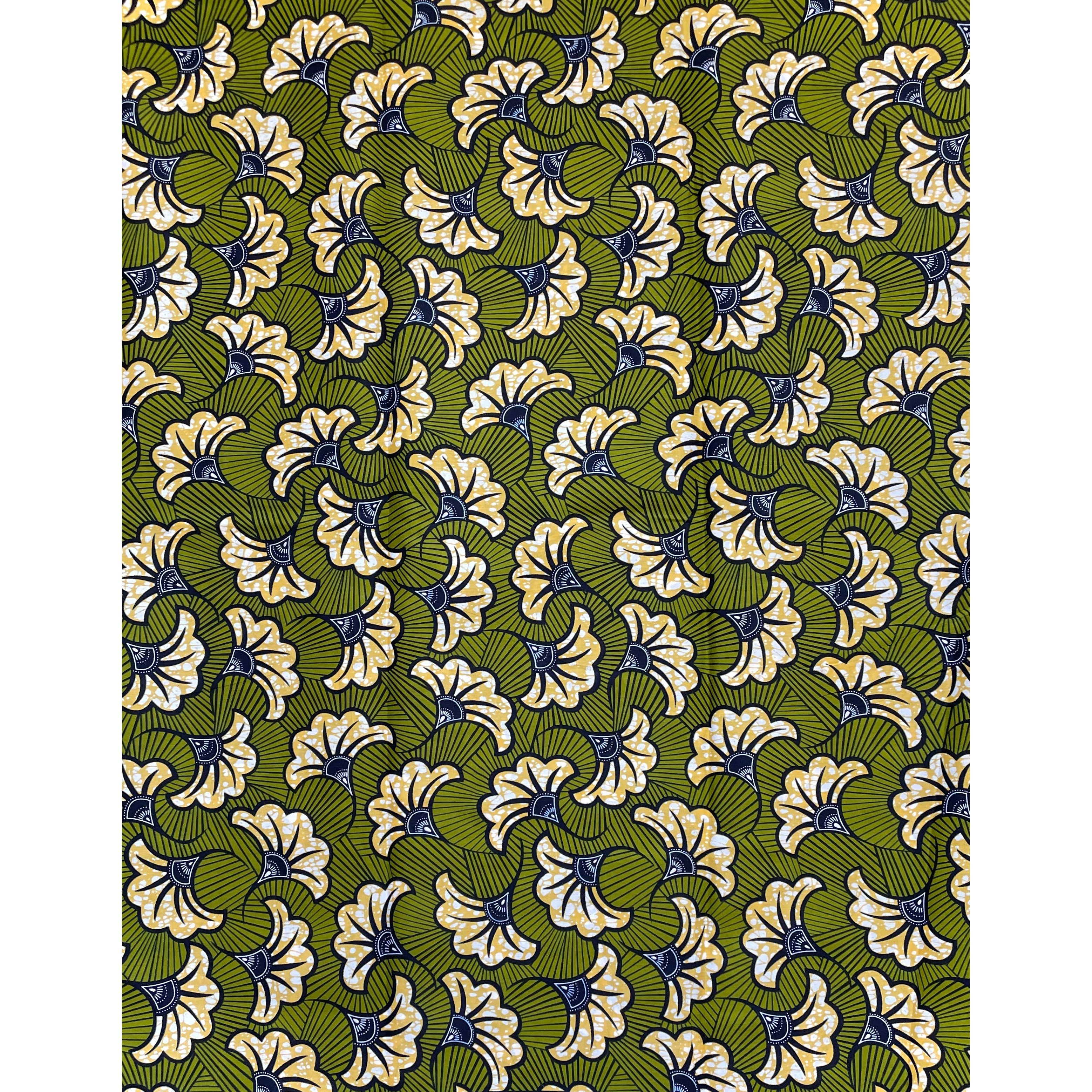 Wax Pagne Africain - Tissu 6 Yards 100% Coton - Fleurs de Mariage - VERT OLIVE / JAUNE MOUTARDE