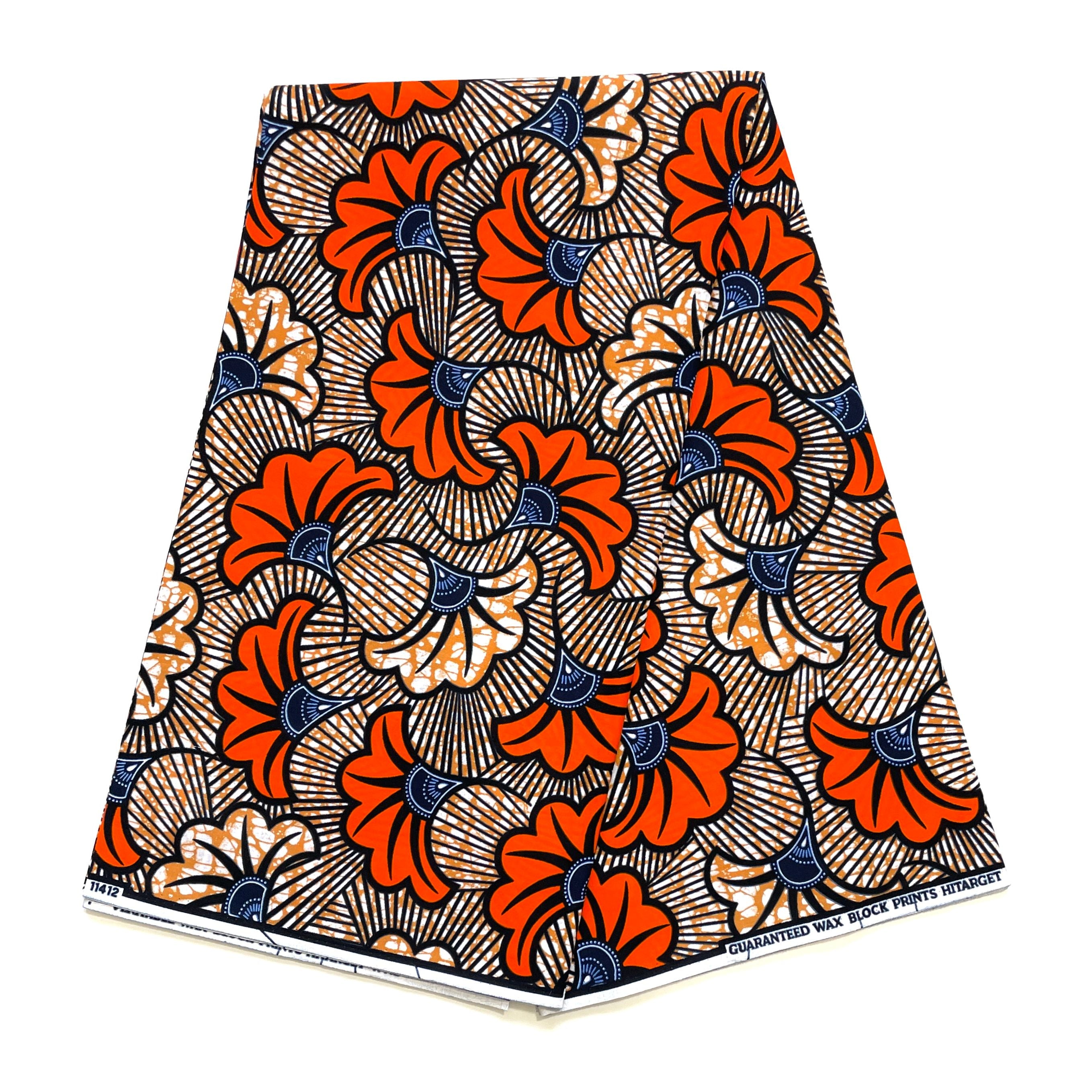 Wax Pagne Africain - Tissu 6 Yards 100% Coton - Fleurs de Mariage - ORANGE / MARRON CLAIR