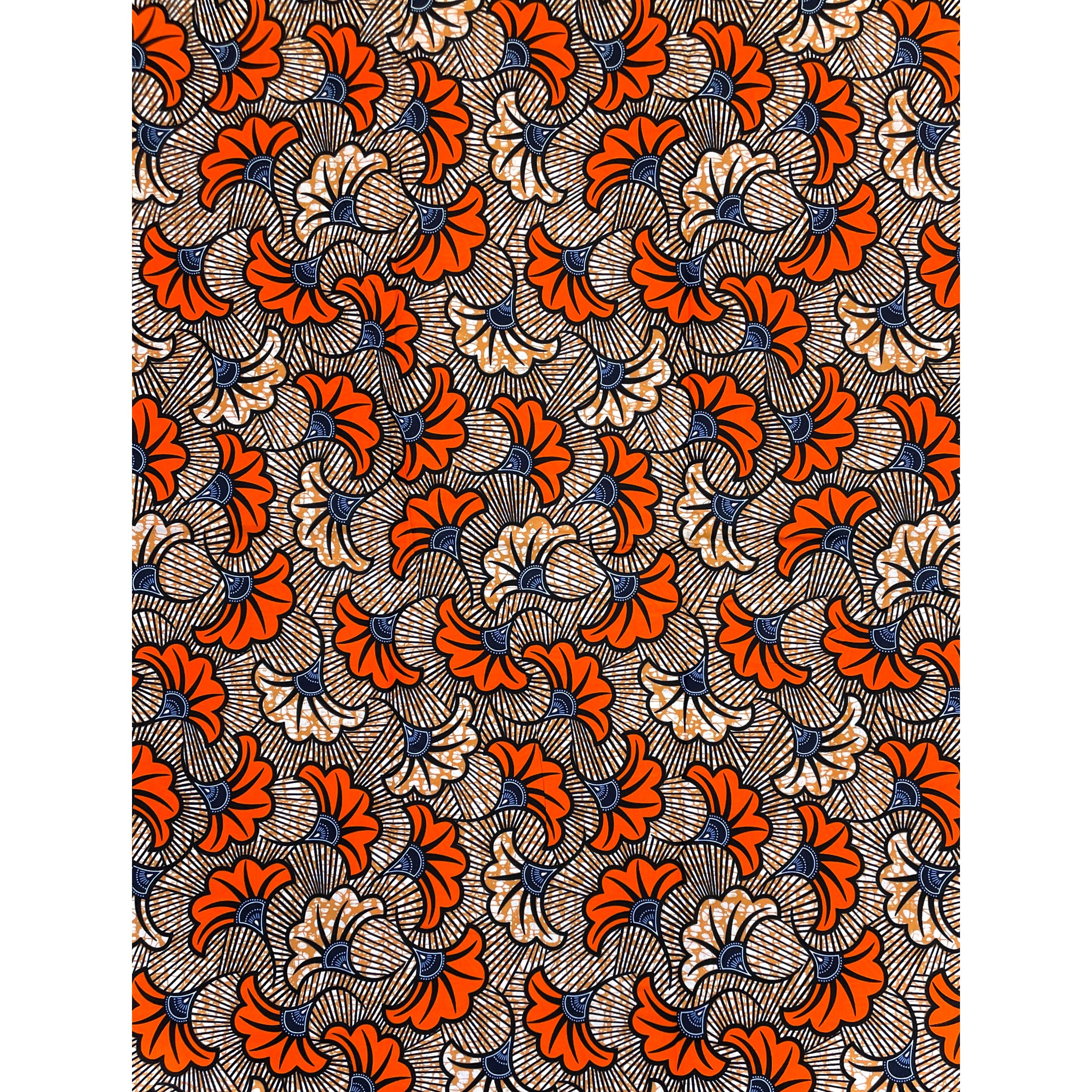 Wax Pagne Africain - Tissu 6 Yards 100% Coton - Fleurs de Mariage - ORANGE / MARRON CLAIR