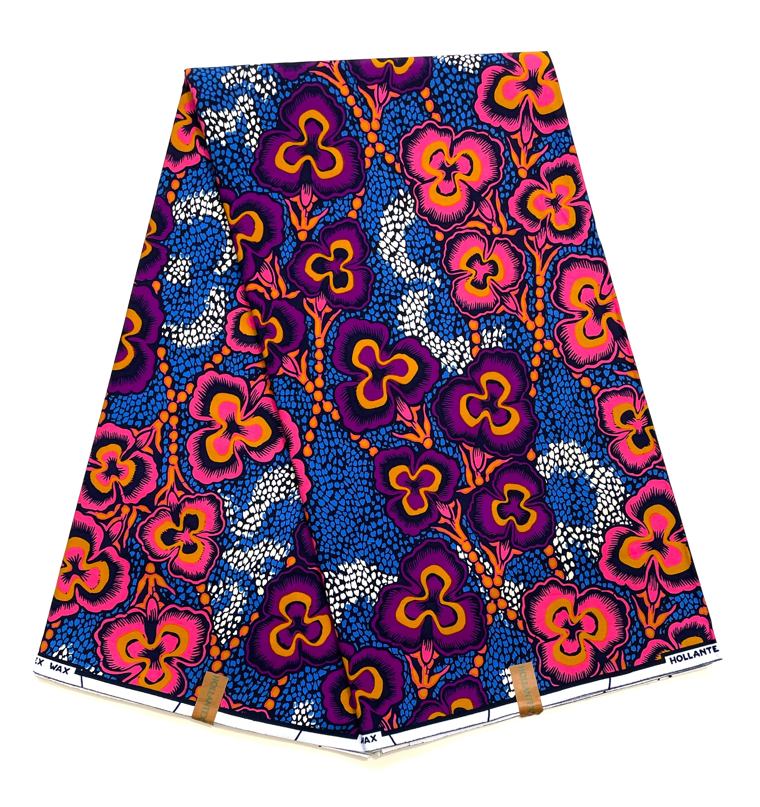 Wax Pagne Africain - Tissu 6 Yards 100% Coton - Orchidées Vibrantes BLEU / ROSE / VIOLET
