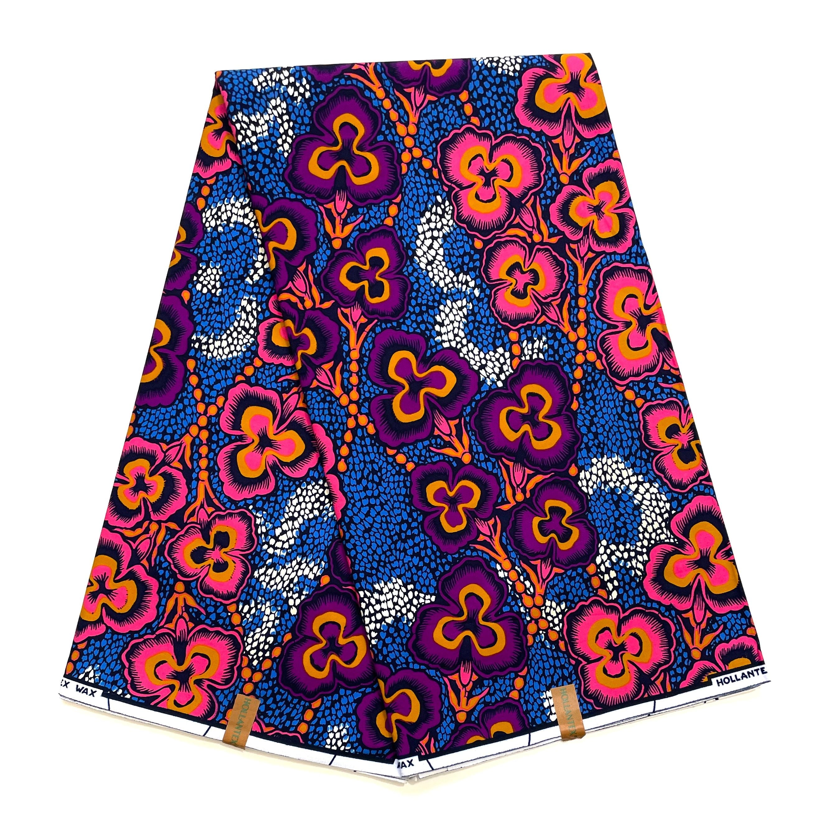 Wax Pagne Africain - Tissu 6 Yards 100% Coton - Orchidées Vibrantes BLEU / ROSE / VIOLET