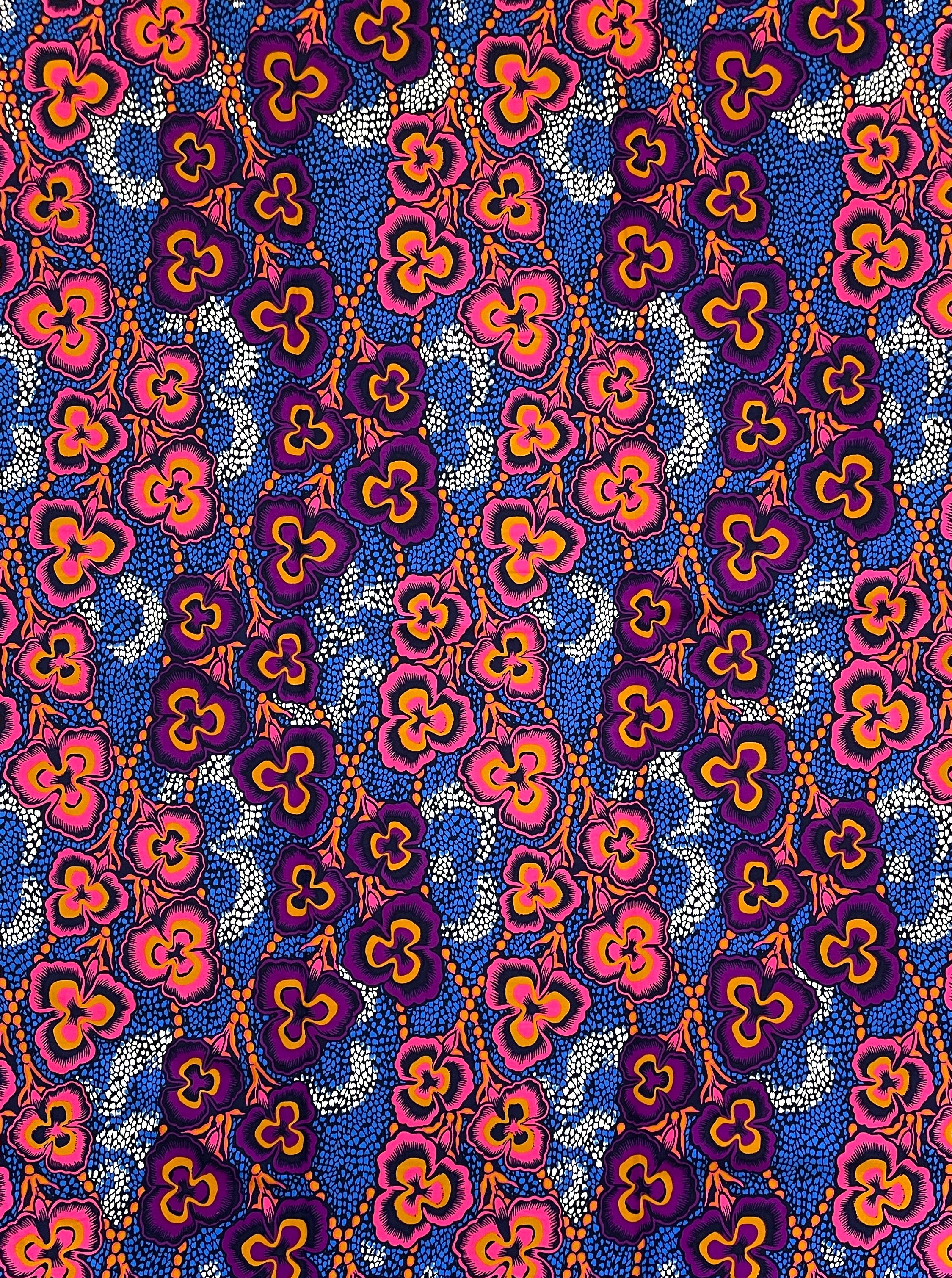 Wax Pagne Africain - Tissu 6 Yards 100% Coton - Orchidées Vibrantes BLEU / ROSE / VIOLET