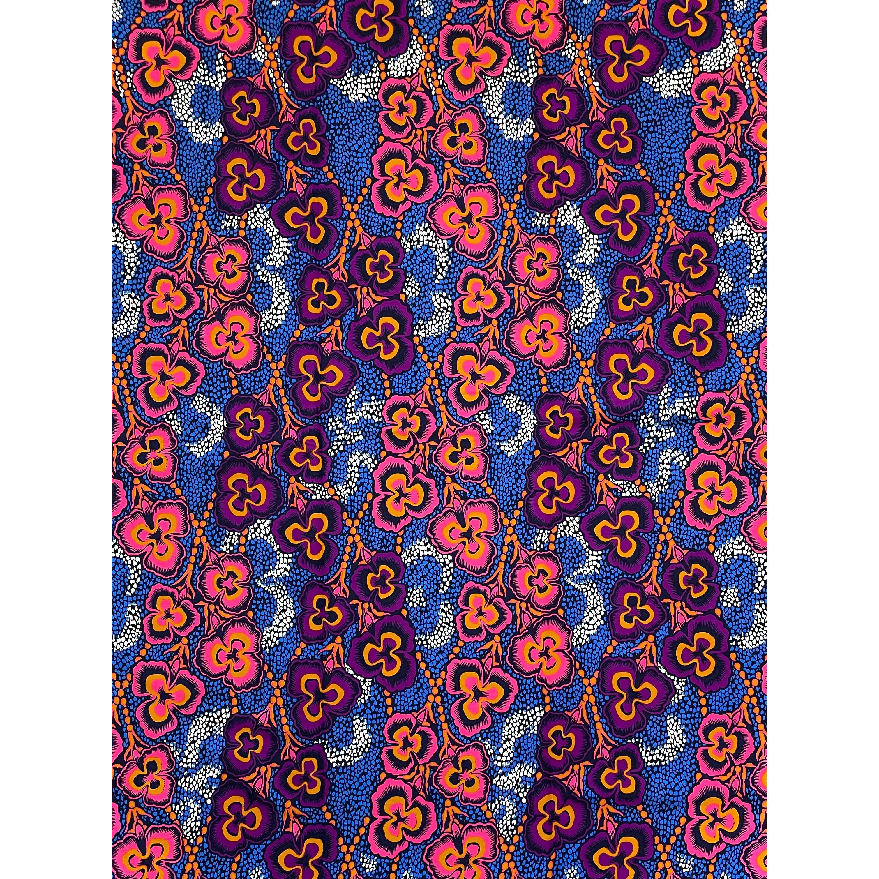 Wax Pagne Africain - Tissu 6 Yards 100% Coton - Orchidées Vibrantes BLEU / ROSE / VIOLET