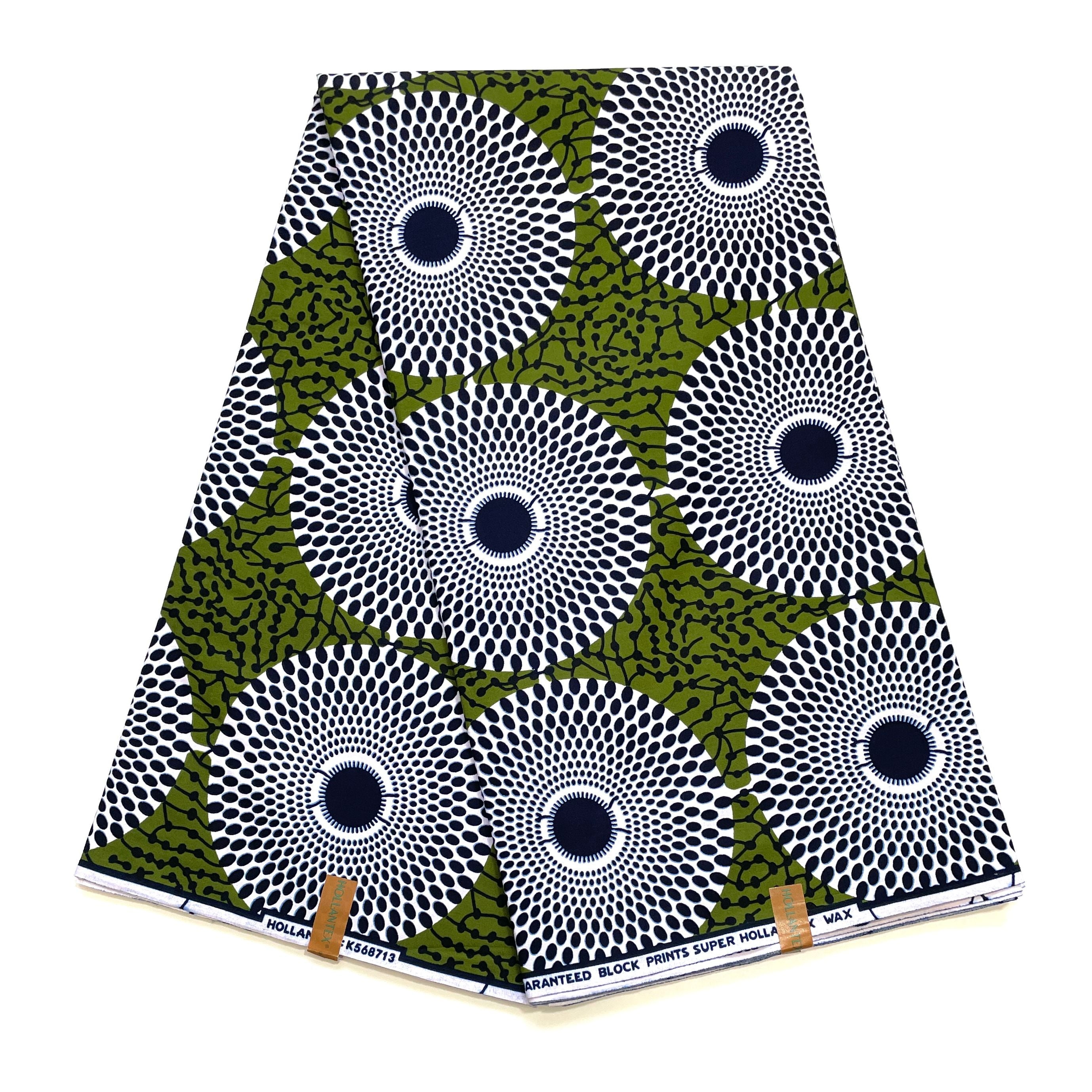 Wax Pagne Africain - Tissu 6 Yards 100% Coton - Cercles d’Horizon VERT OLIVE / BLANC