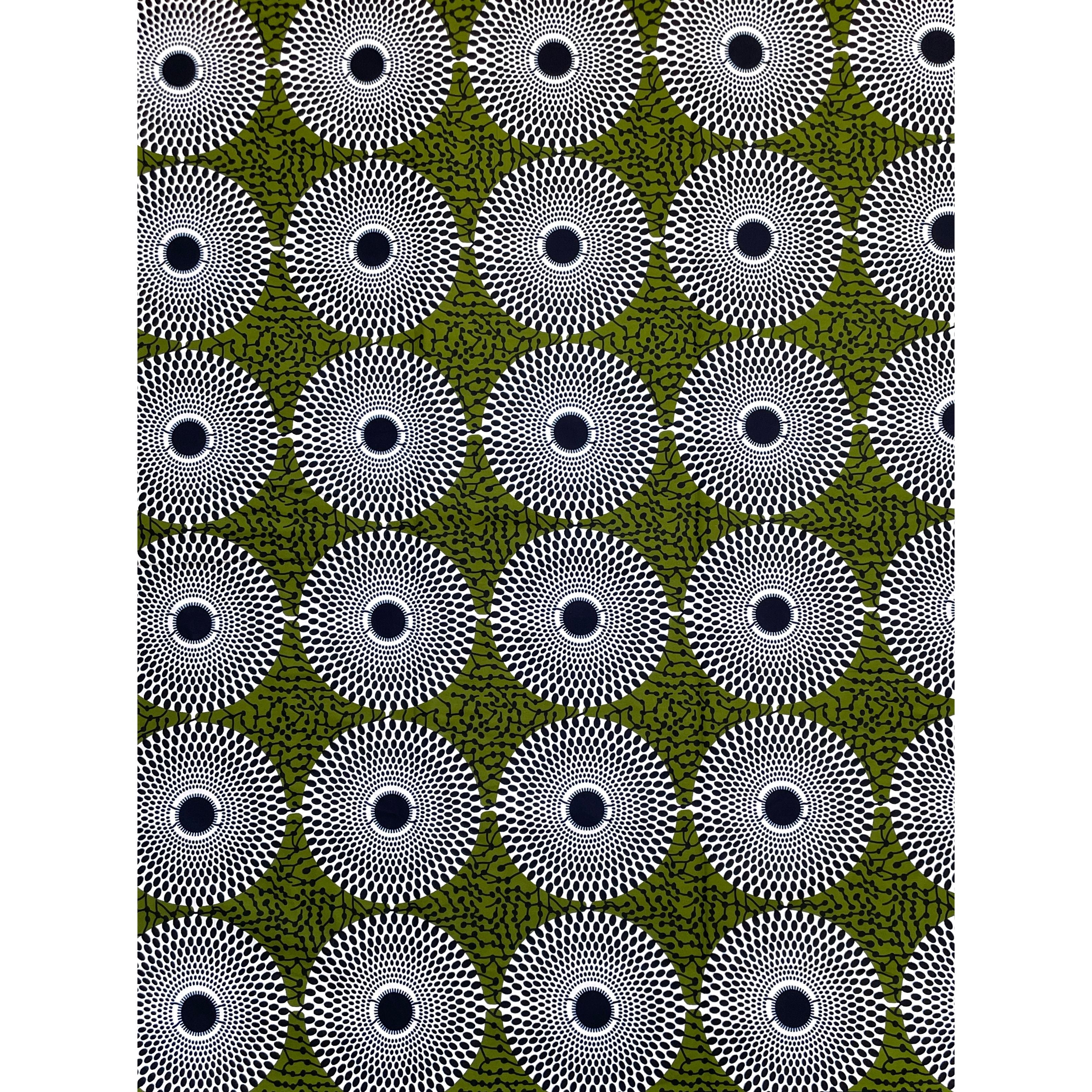Wax Pagne Africain - Tissu 6 Yards 100% Coton - Cercles d’Horizon VERT OLIVE / BLANC