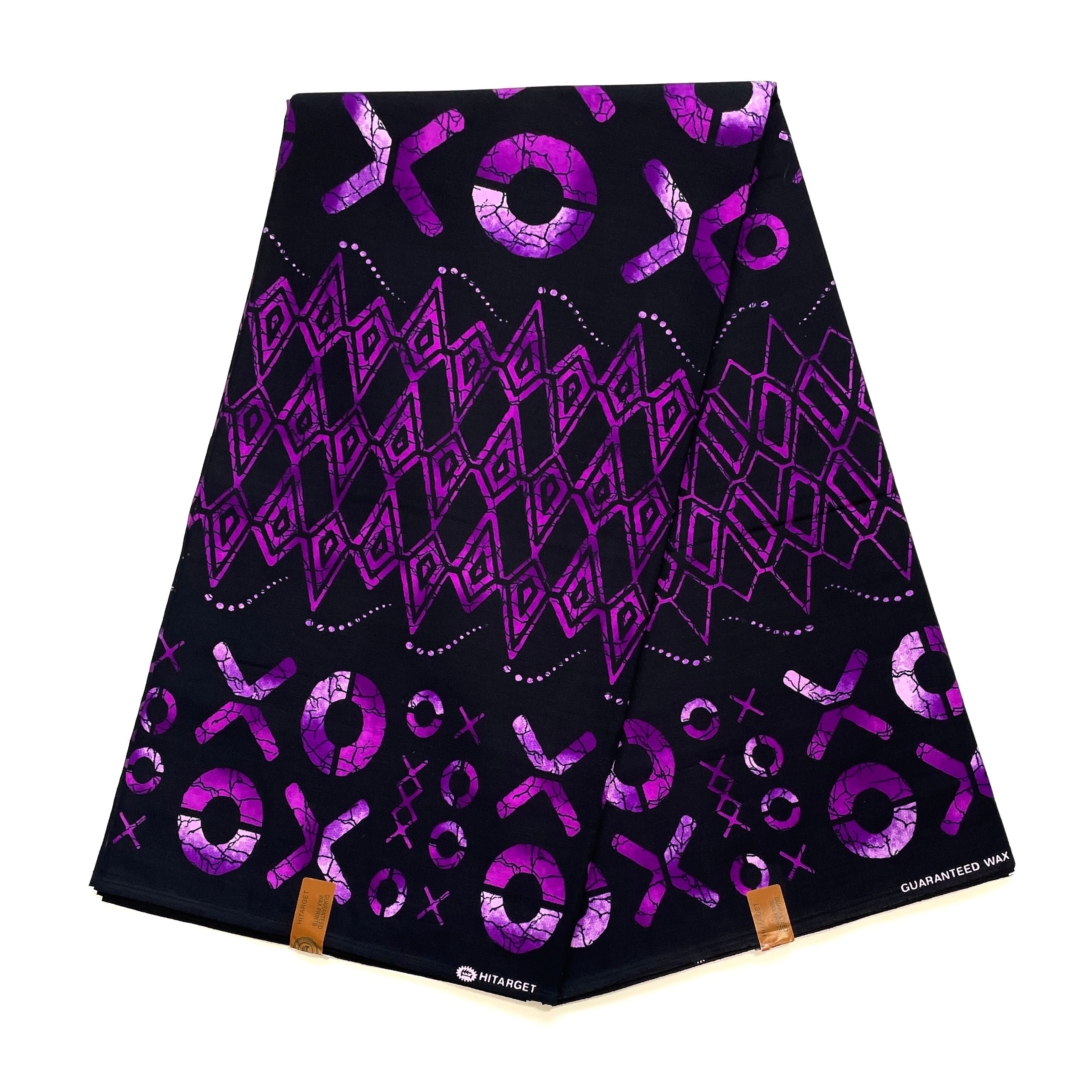 Wax Pagne Africain - Tissu 6 Yards 100% Coton - Éclat Tribal NOIR / VIOLET