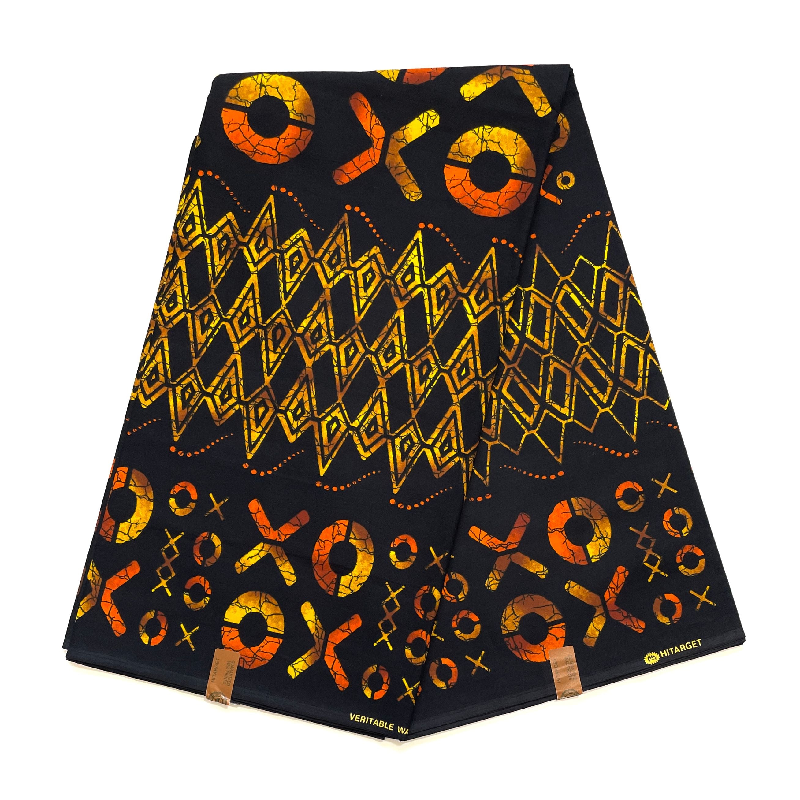 Wax Pagne Africain - Tissu 6 Yards 100% Coton - Éclat Tribal NOIR / ORANGE