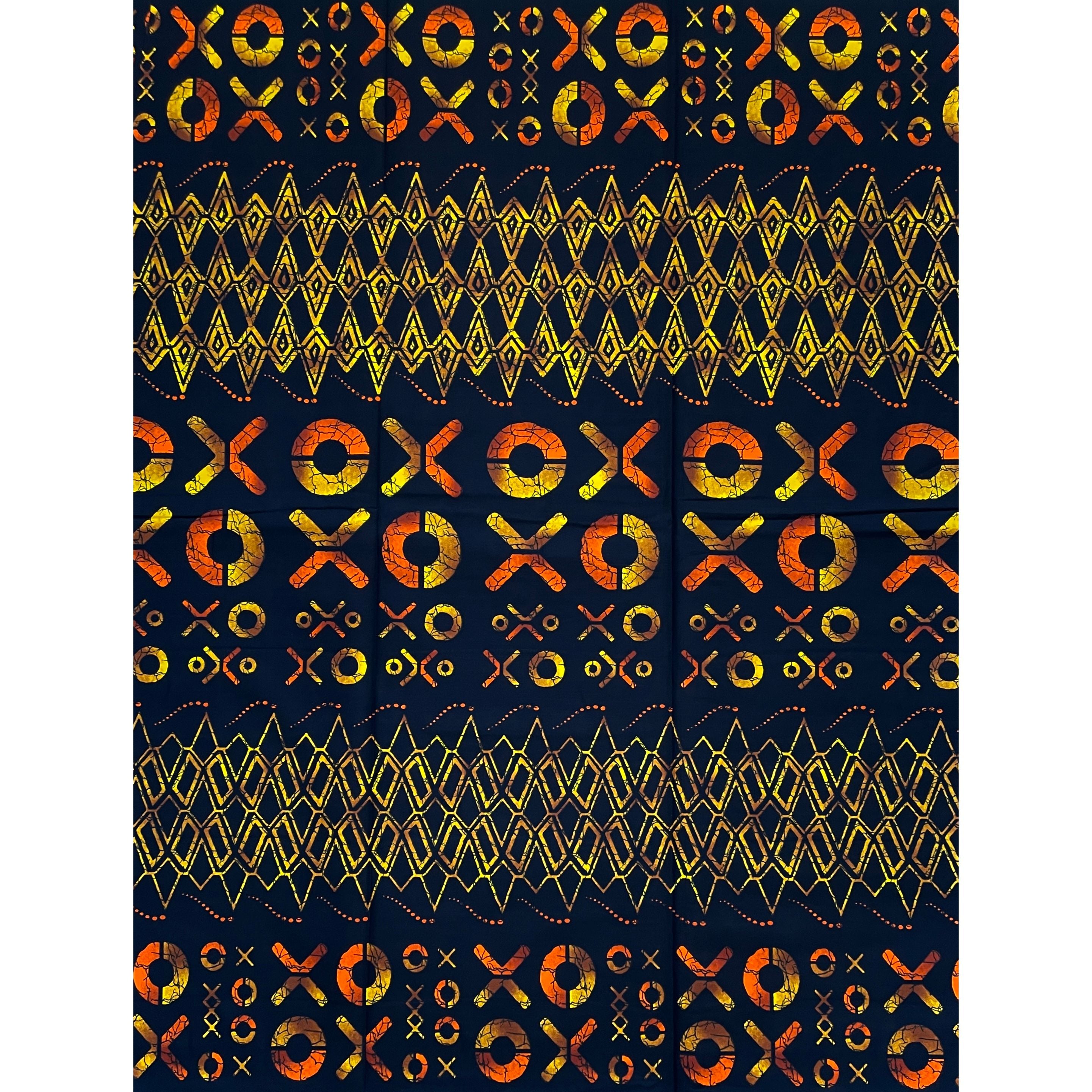 Wax Pagne Africain - Tissu 6 Yards 100% Coton - Éclat Tribal NOIR / ORANGE
