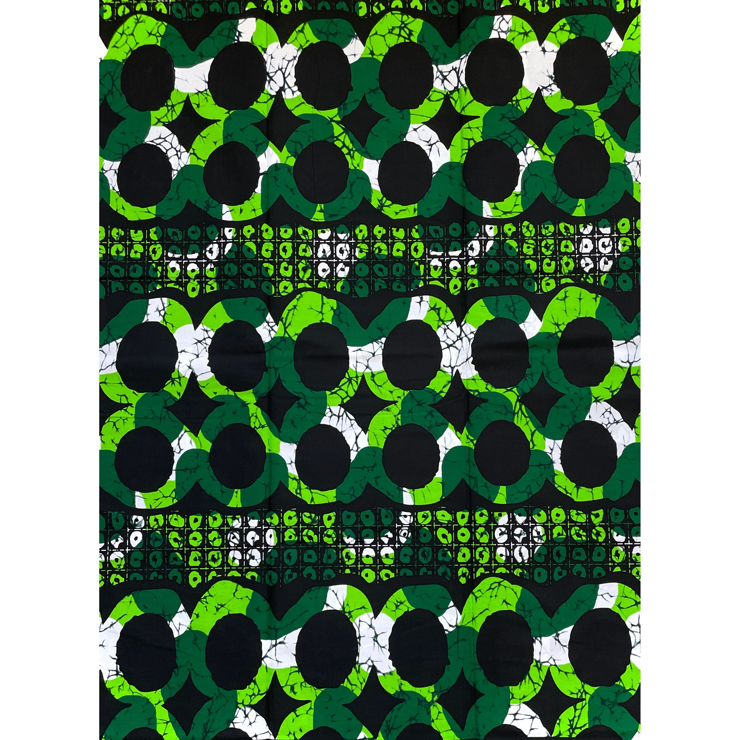 Wax Pagne Africain - Tissu 6 Yards 100% Coton - Jungle Moderne NOIR / VERT / BLANC