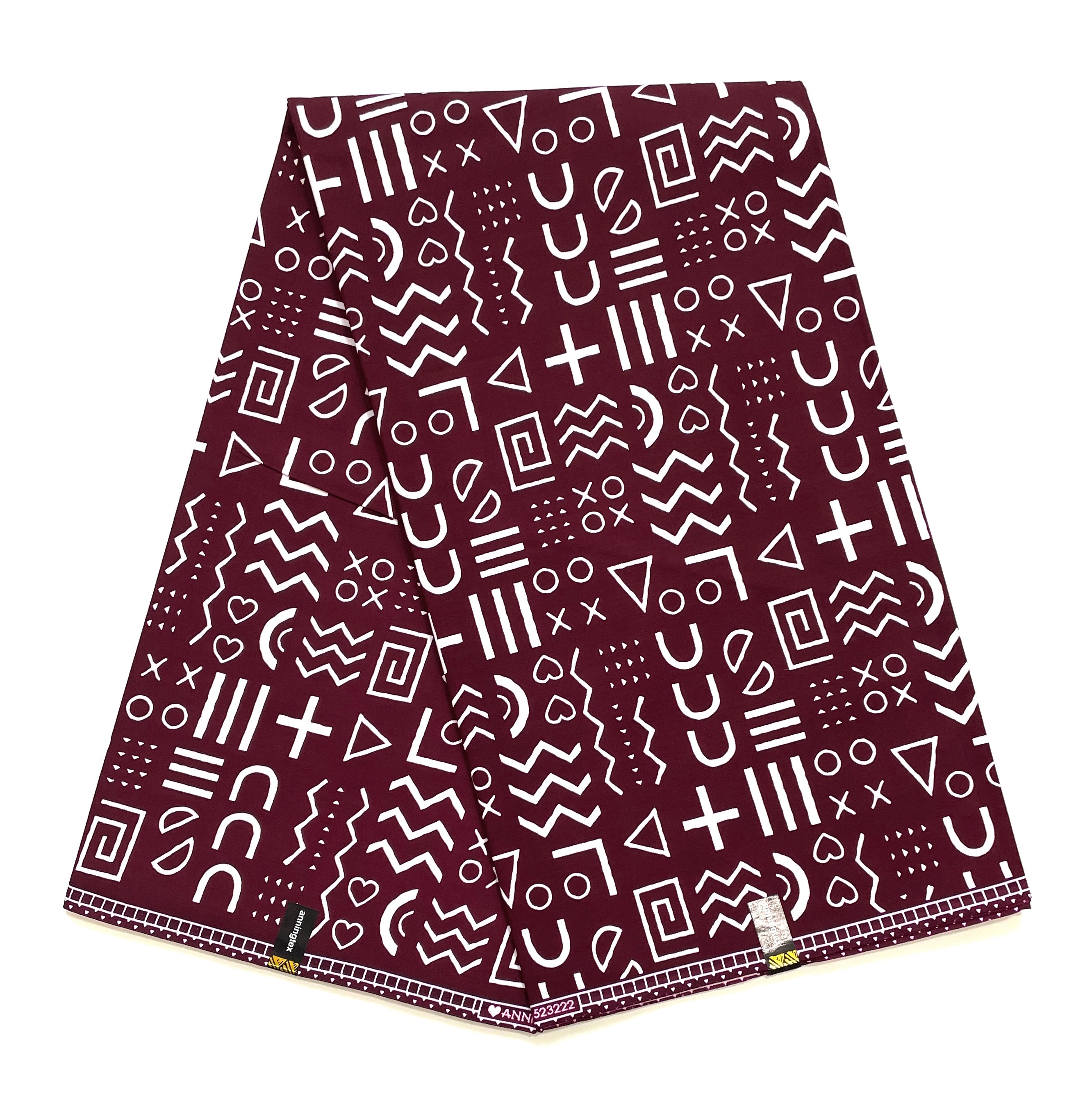 Wax Pagne Africain - Tissu 6 Yards 100% Coton - BOGOLAN graphique - BORDEAUX / BLANC