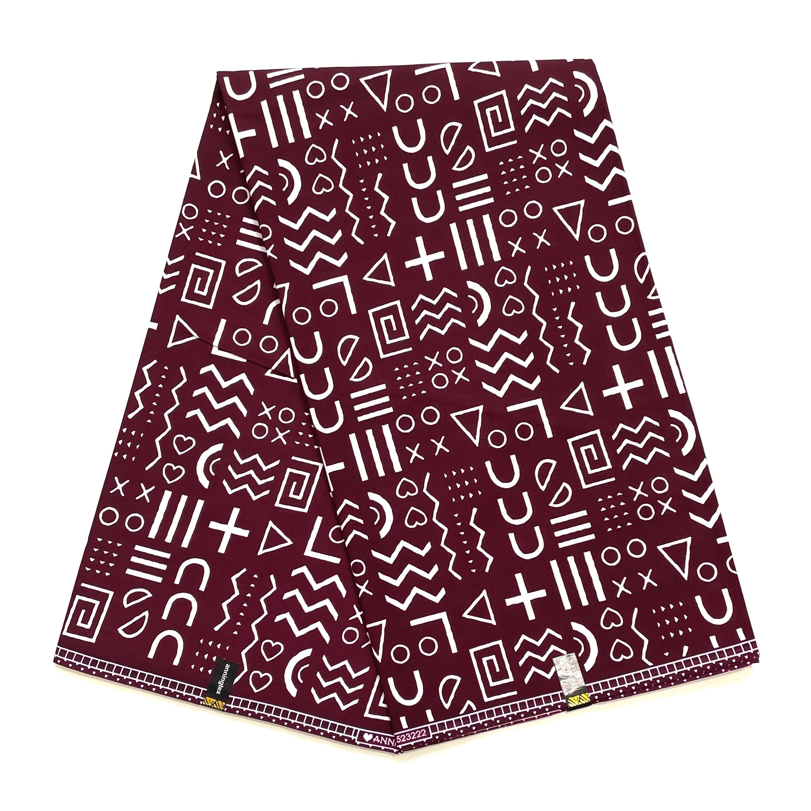 Wax Pagne Africain - Tissu 6 Yards 100% Coton - BOGOLAN graphique - BORDEAUX / BLANC