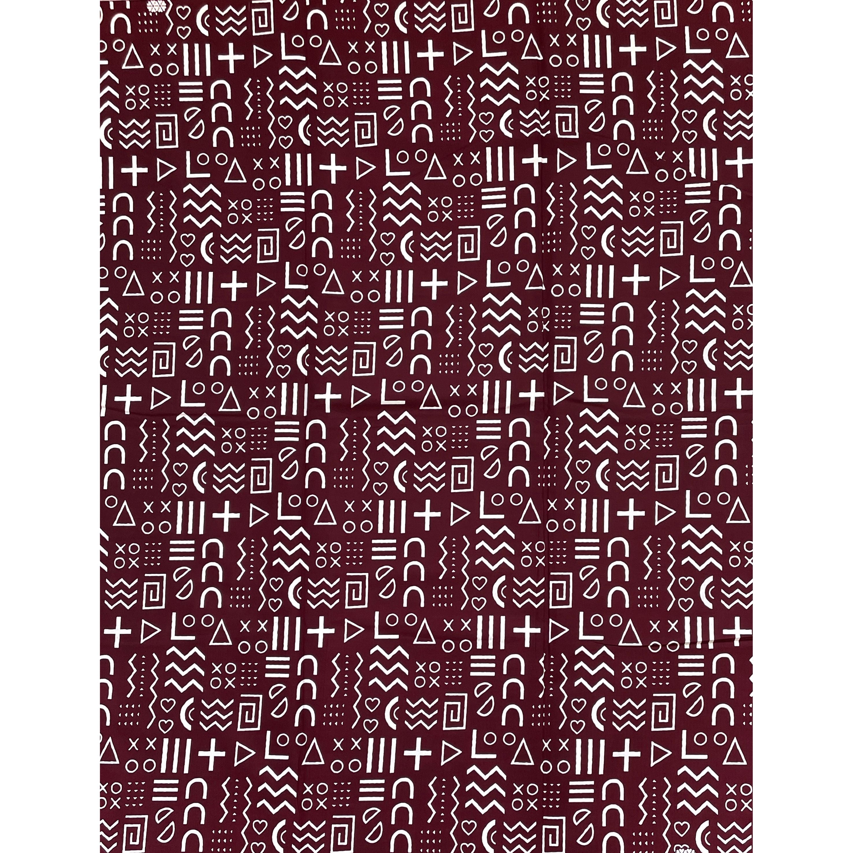 Wax Pagne Africain - Tissu 6 Yards 100% Coton - BOGOLAN graphique - BORDEAUX / BLANC