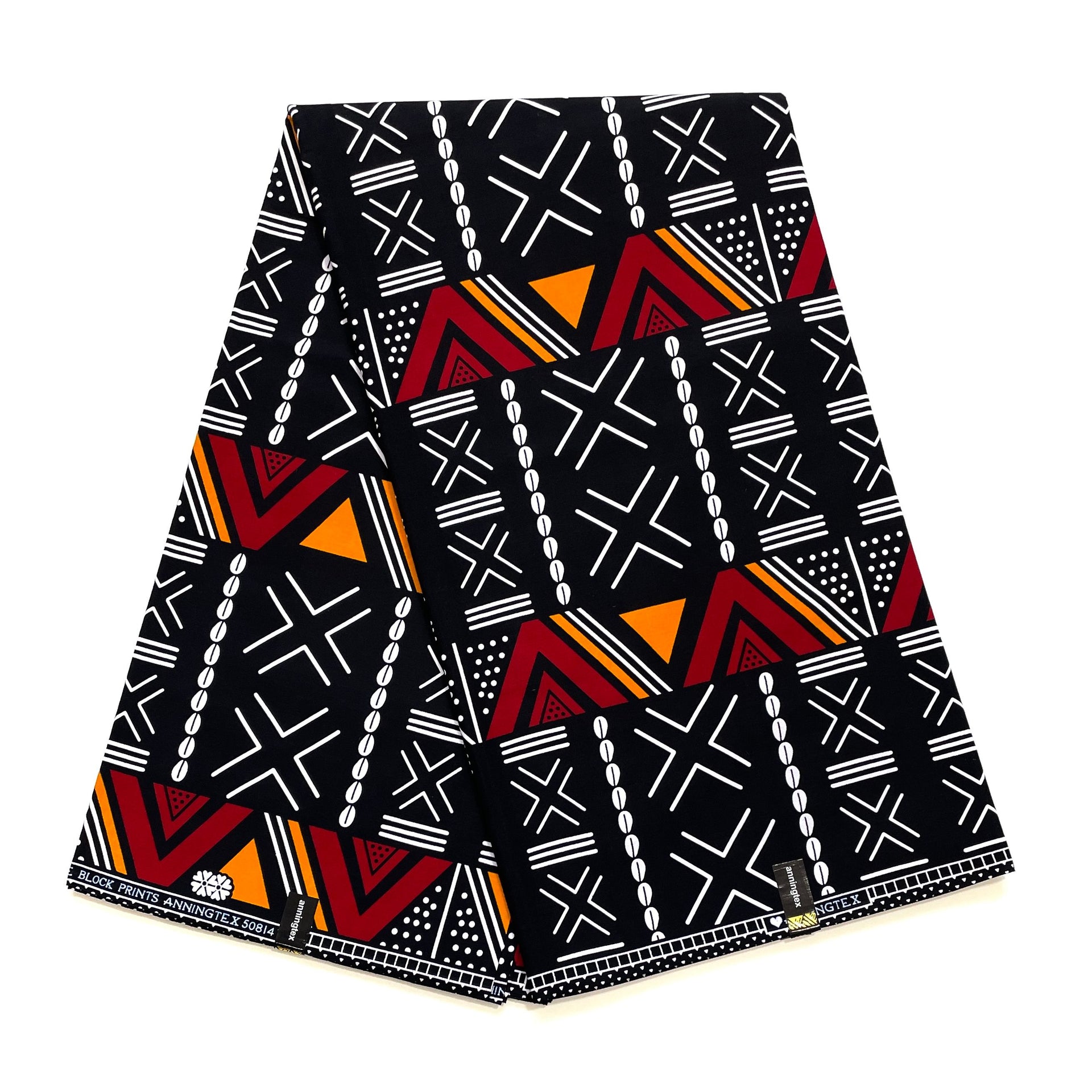 Wax Pagne Africain - Tissu 6 Yards 100% Coton - BOGOLAN graphique - NOIR / BORDEAUX / ORANGE