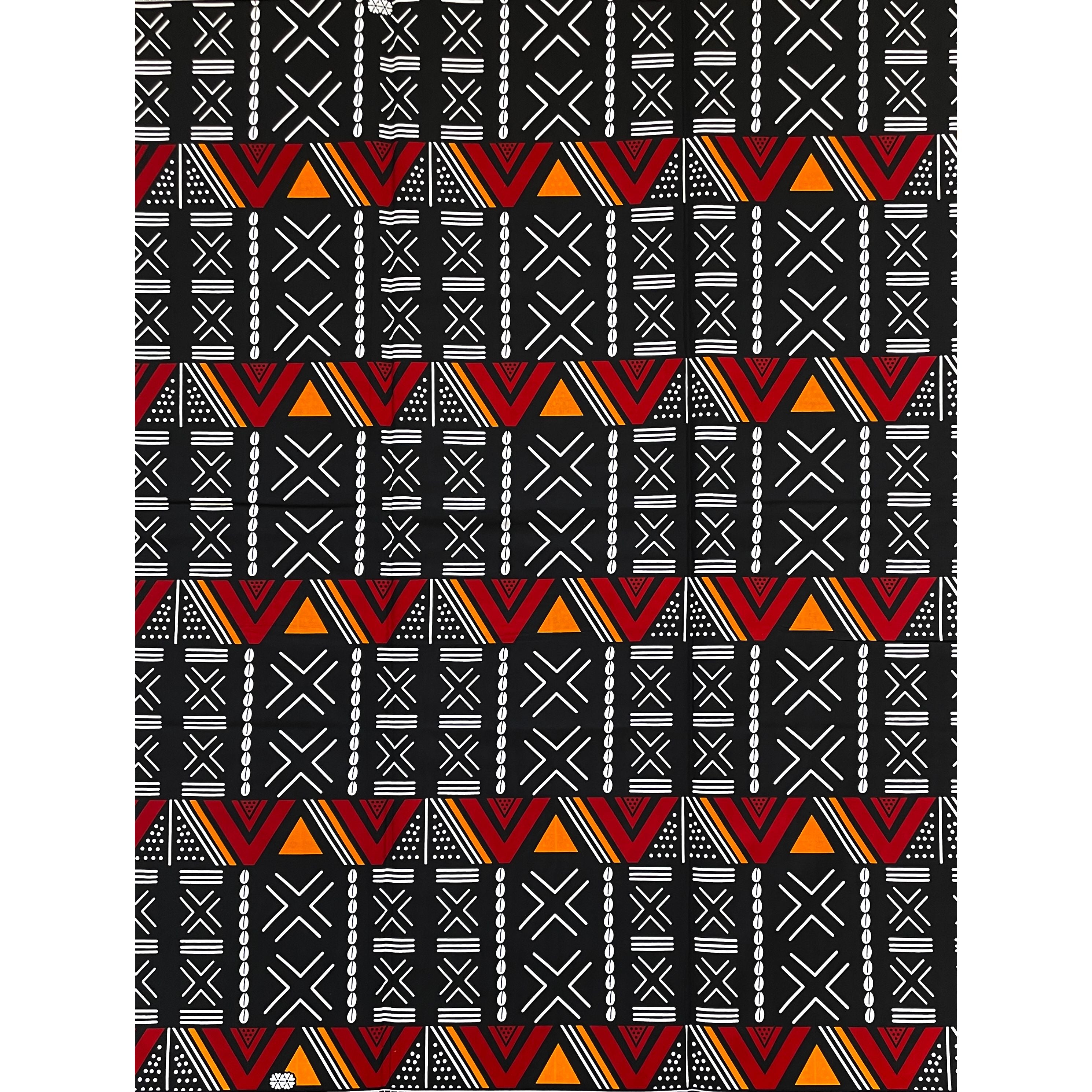 Wax Pagne Africain - Tissu 6 Yards 100% Coton - BOGOLAN graphique - NOIR / BORDEAUX / ORANGE