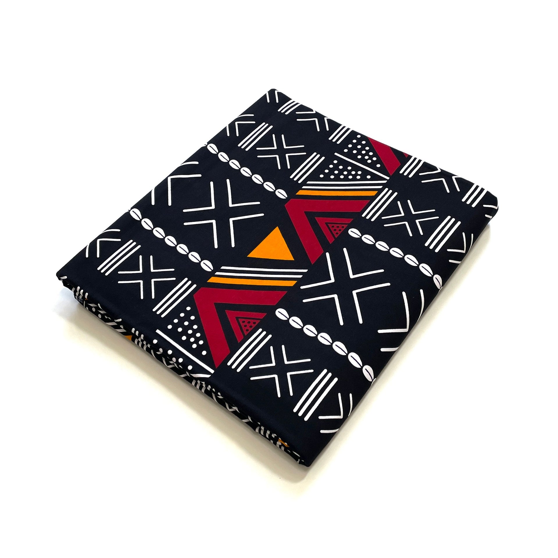 Wax Tissu Pagne Africain - Coupon 2 Yards 100% Coton - BOGOLAN graphique - NOIR / BORDEAUX / ORANGE