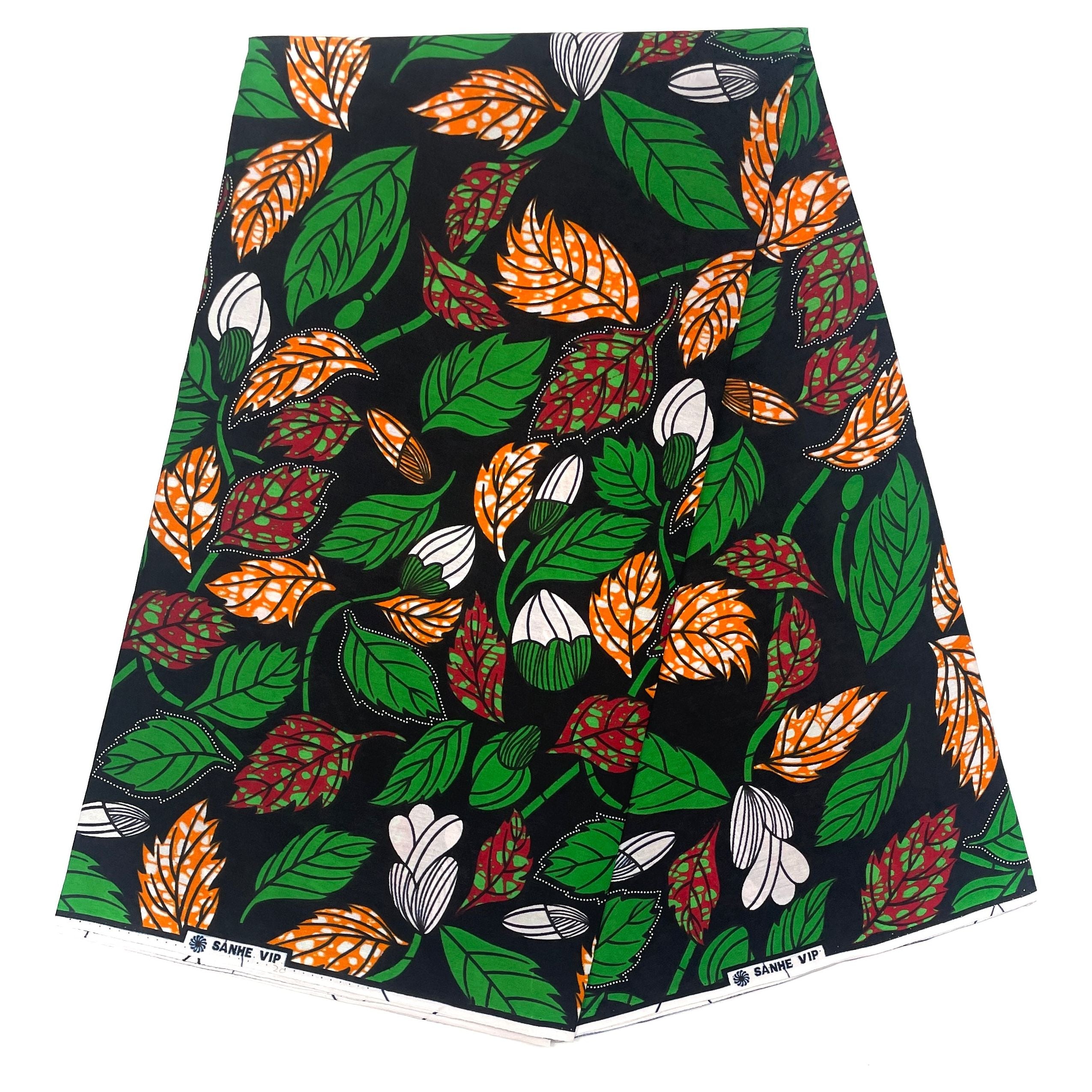 African Wax Pagne - 6 Yards 100% Cotton Fabric - GREEN / ORANGE
