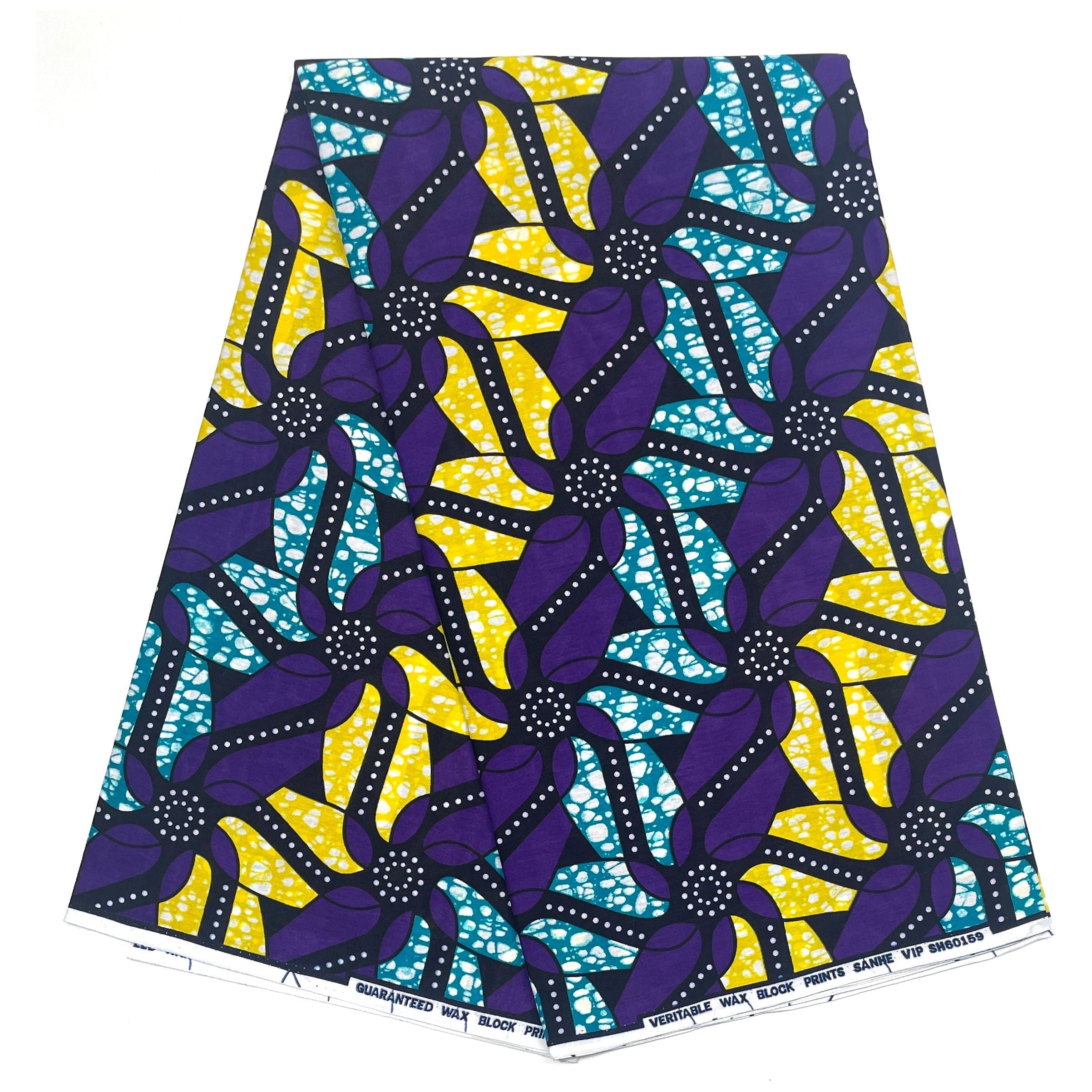 African Wax Pagne - Fabric 6 Yards 100% Cotton - PURPLE / YELLOW