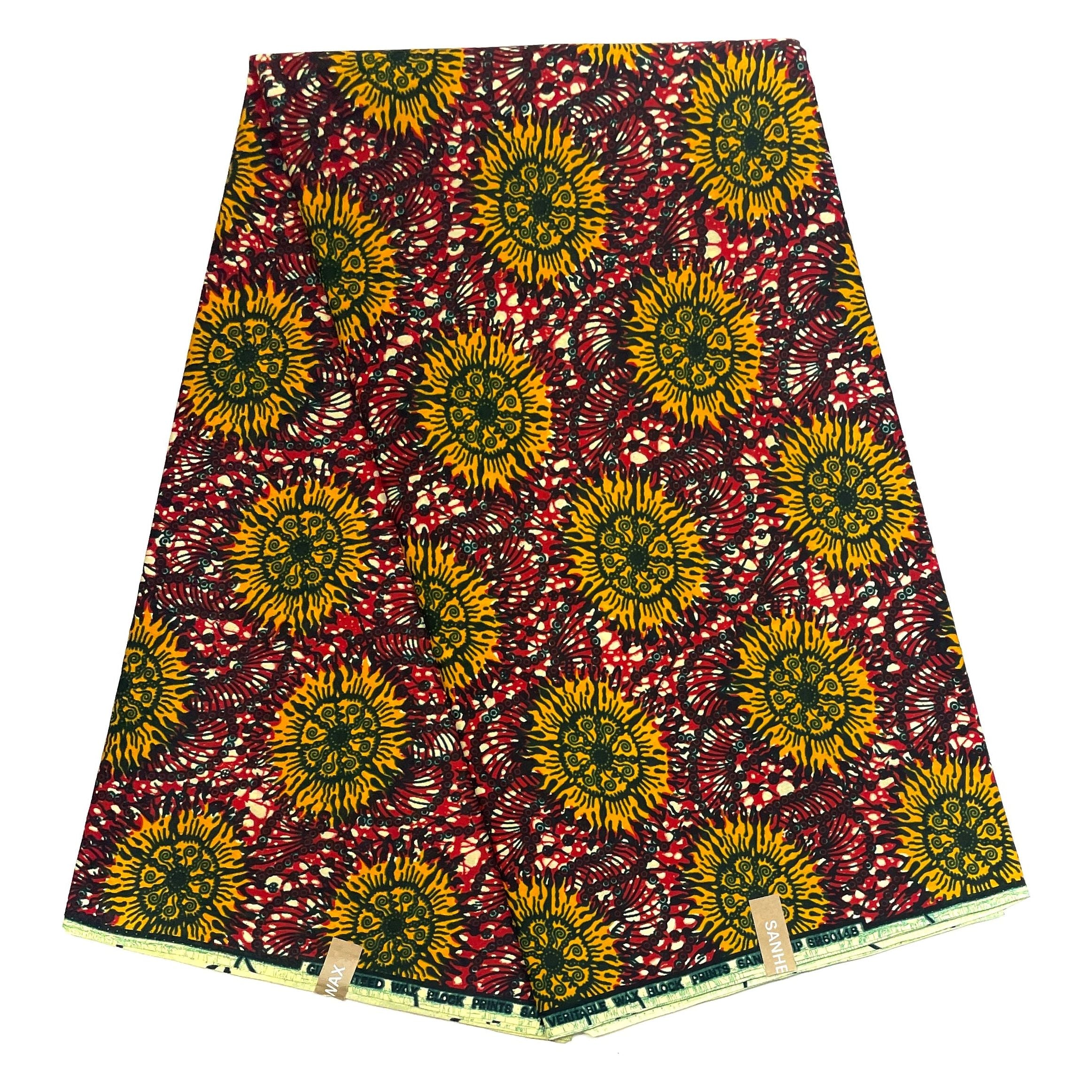 African Wax Pagne - 6 Yards 100% Cotton Fabric - RED / YELLOW