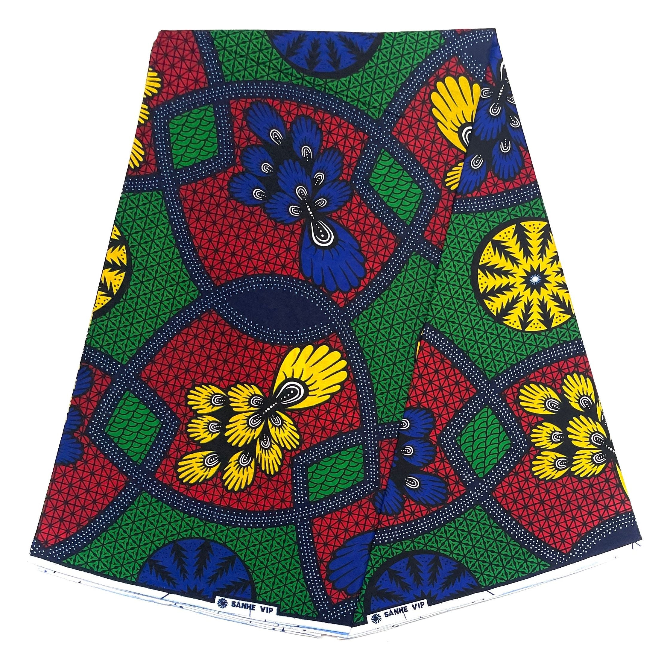 Wax African Loincloth Fabric - Coupon 2 Yards 100% Cotton - GREEN / RED