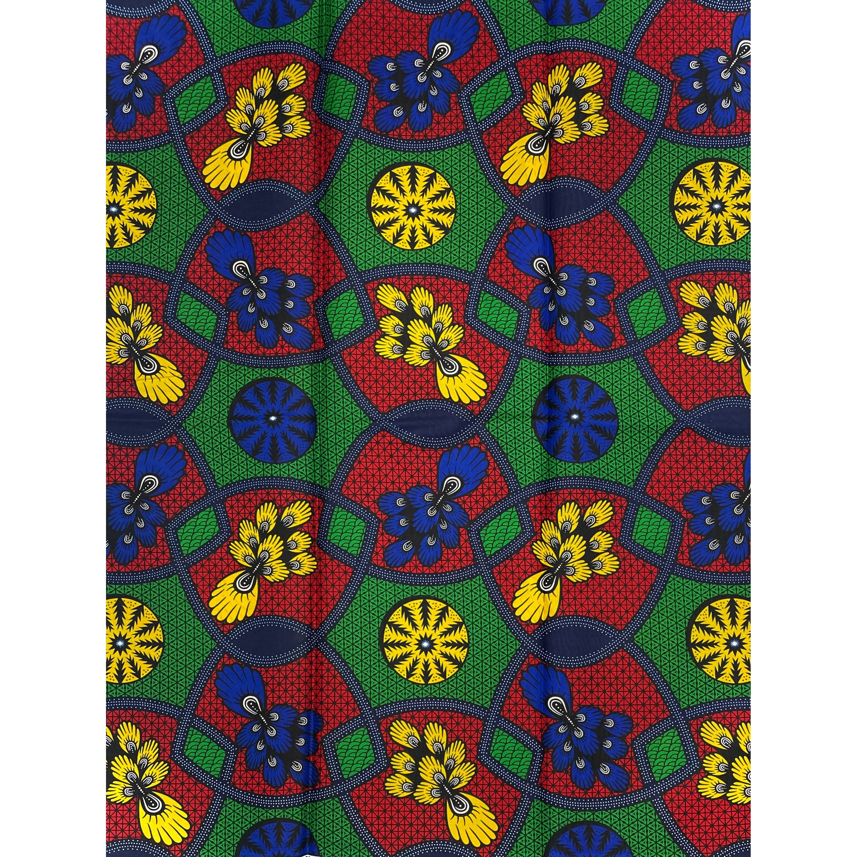 Wax African Loincloth Fabric - Coupon 2 Yards 100% Cotton - GREEN / RED