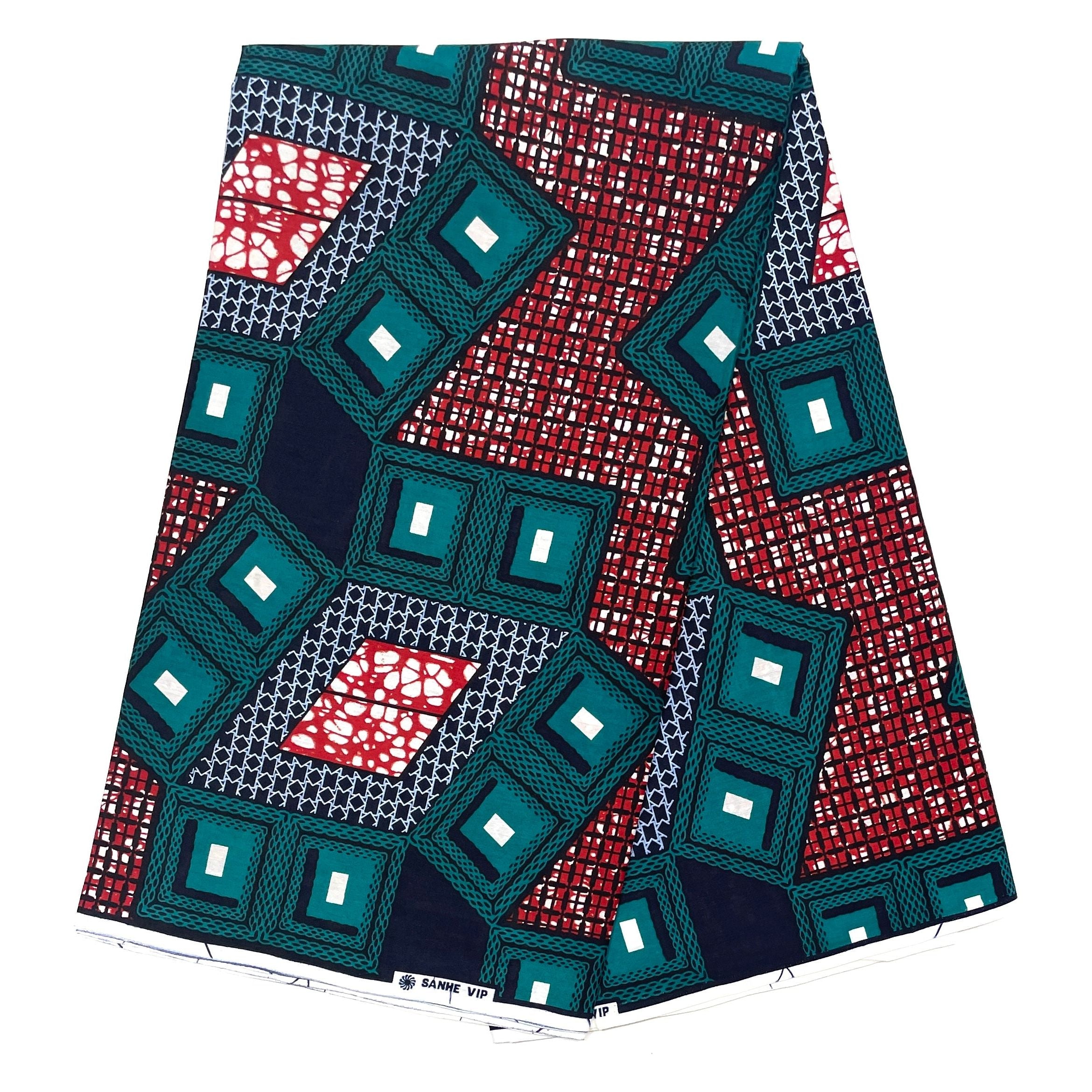 African Wax Print Fabric - 2 Yards 100% Cotton Coupon - TURQUOISE / RED