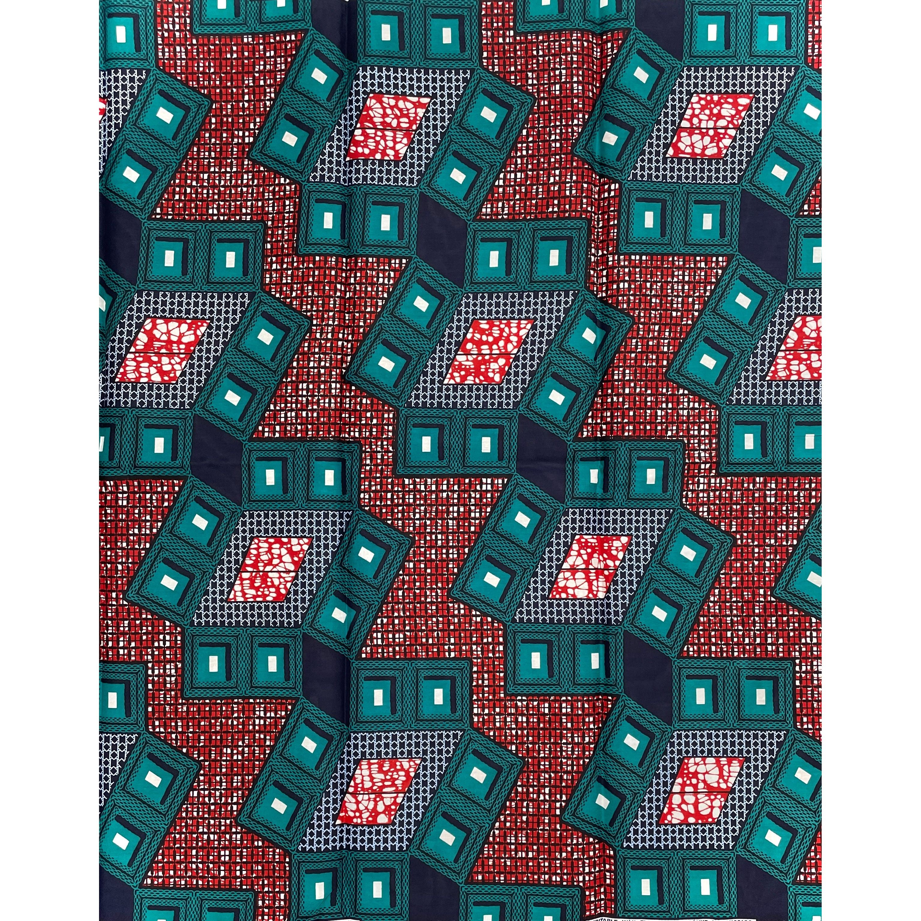 African Wax Print Fabric - 2 Yards 100% Cotton Coupon - TURQUOISE / RED